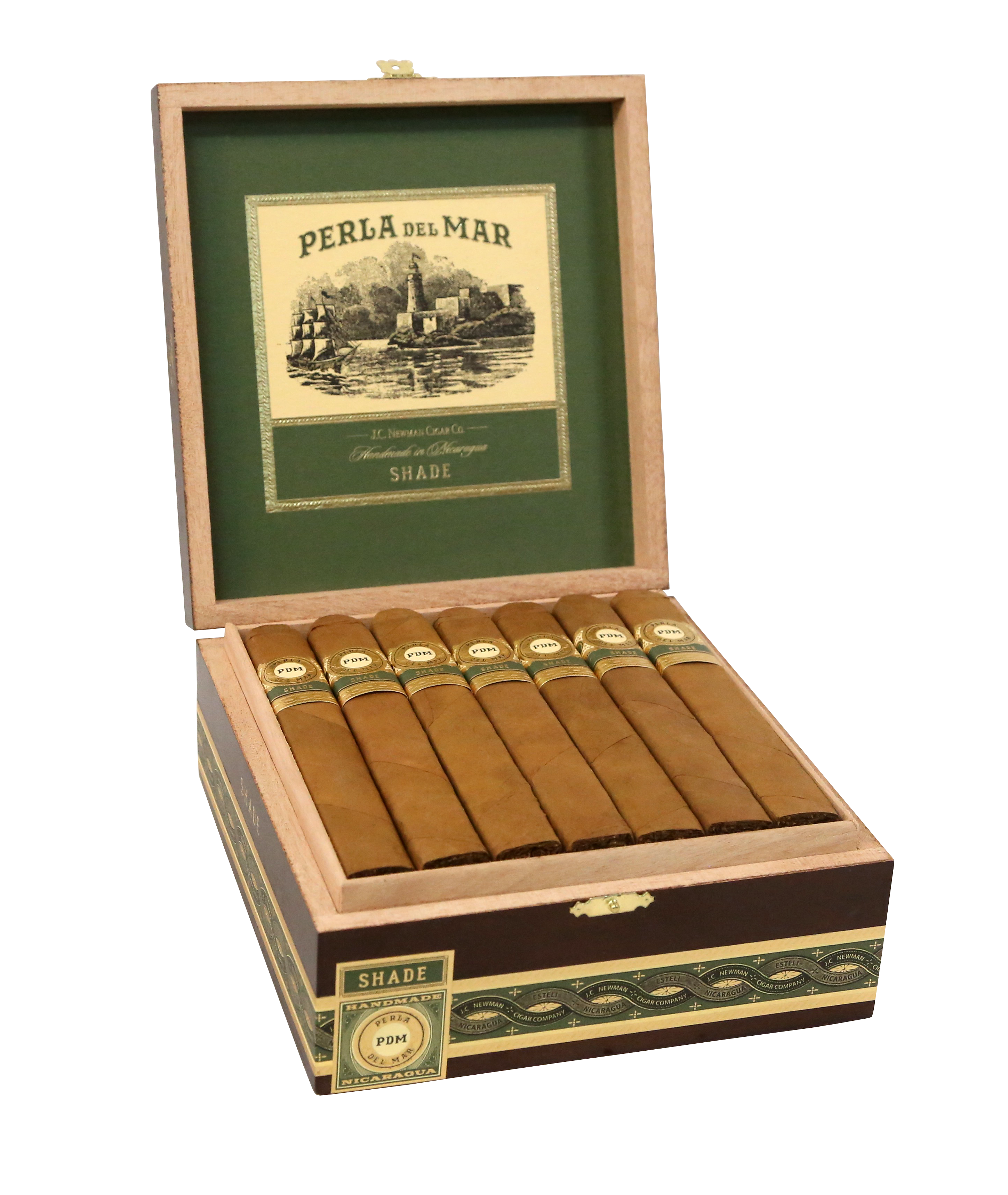 Open wooden cigar box with cigars and 'Perla del Mar' label on a white background