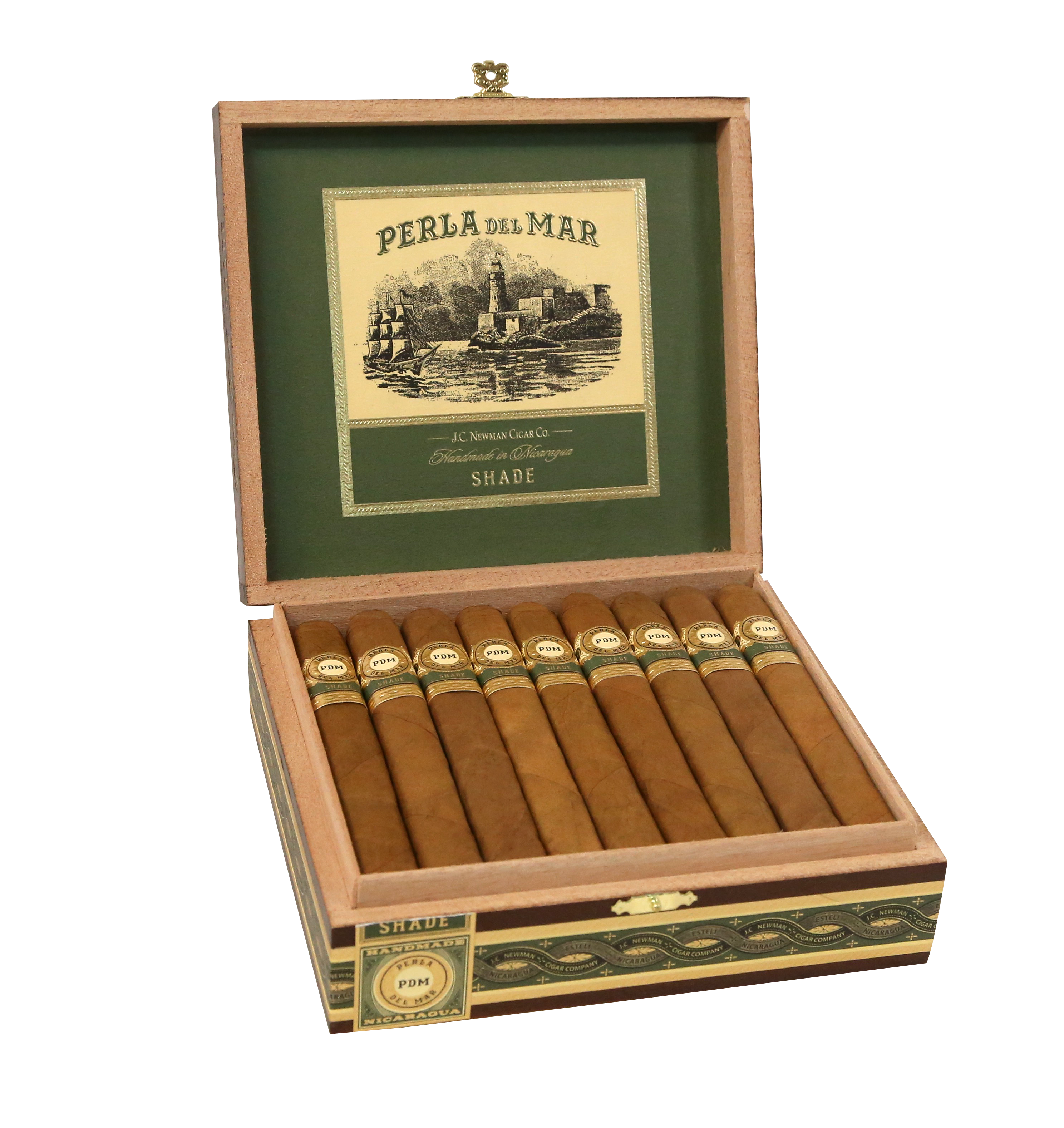 Open wooden box of cigars with 'Perla del Mar' branding on a white background