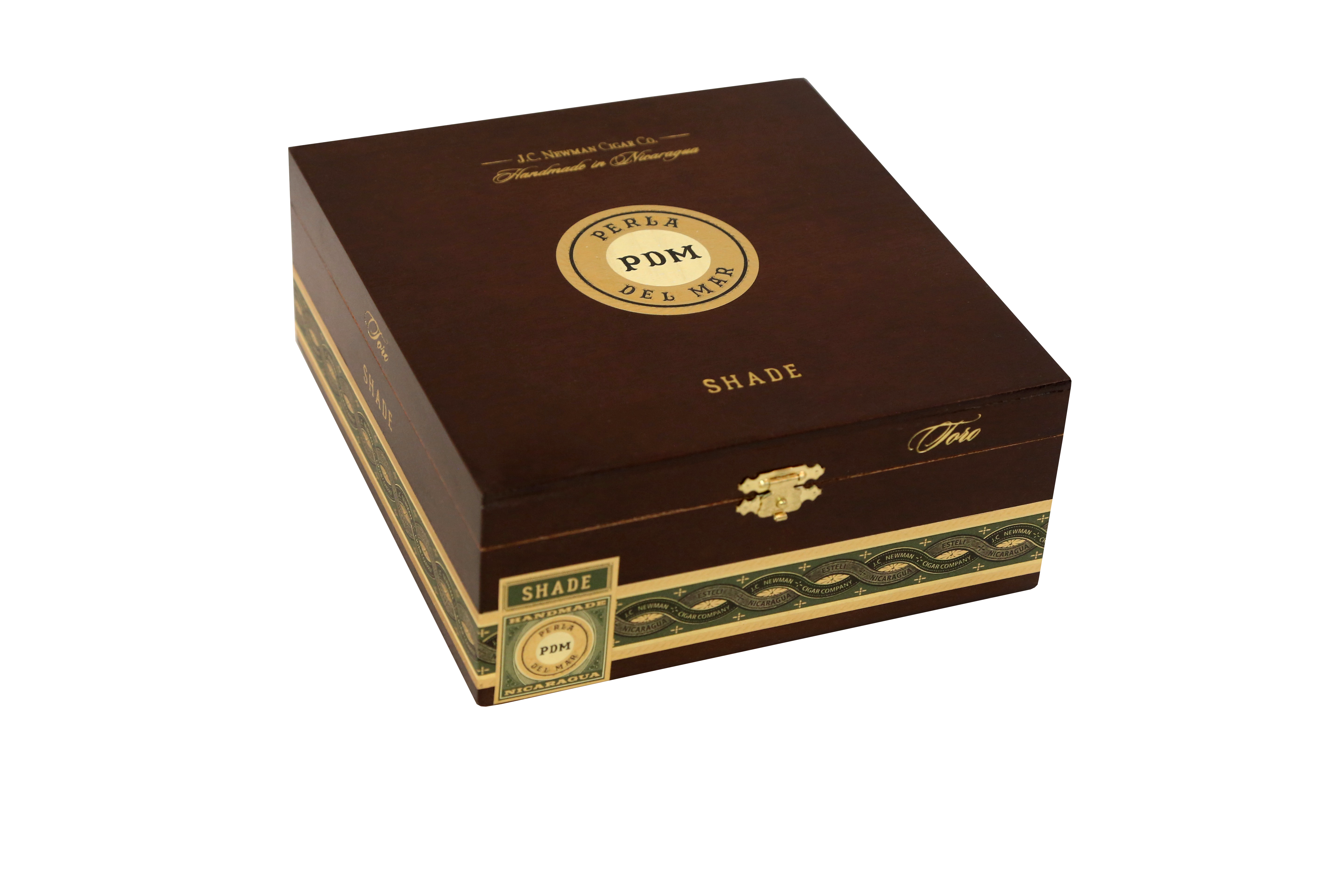 Brown and gold cigar box with 'PDM' branding on a white background