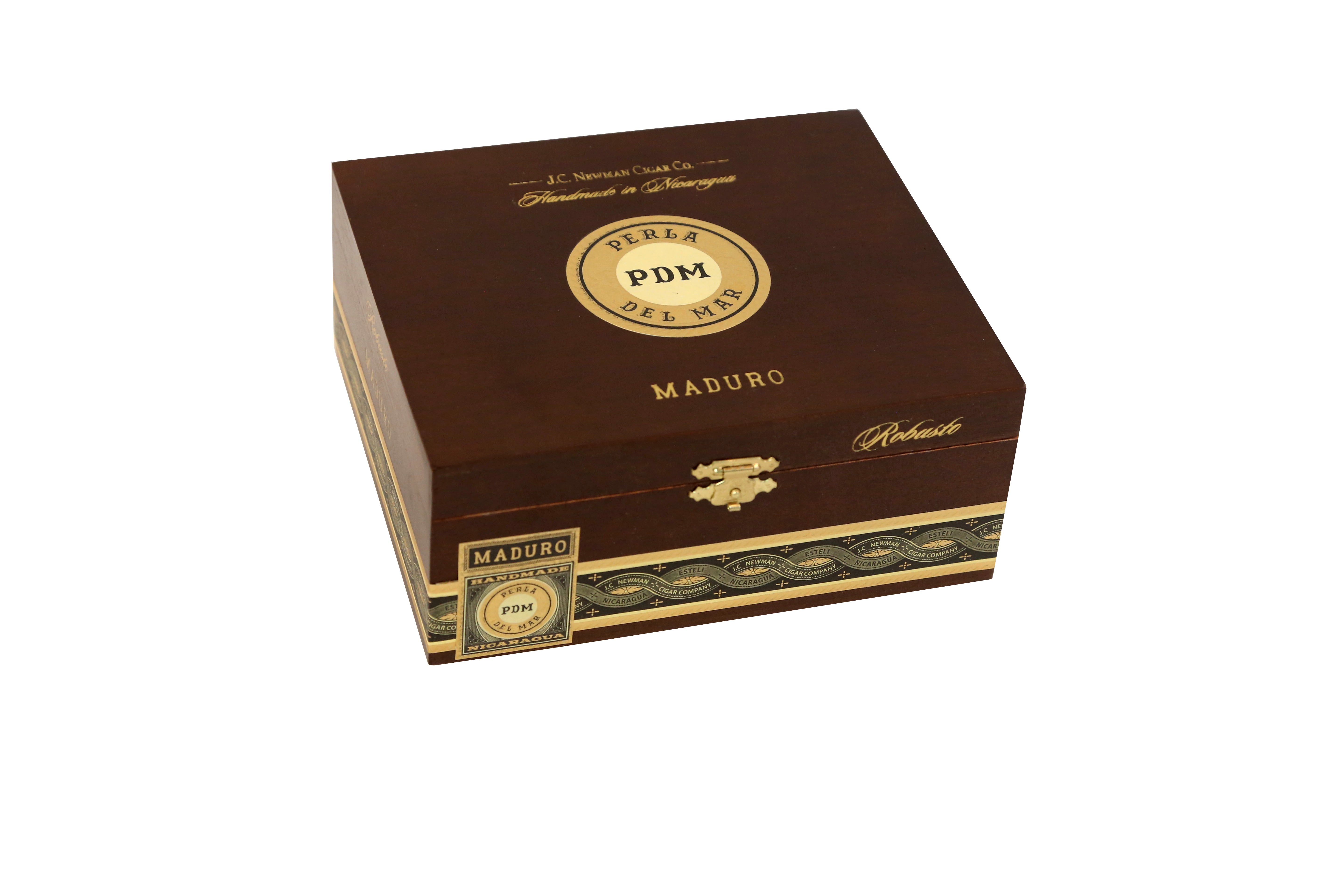Cigar box of Perla Del Mar Maduro Robusto with 'PDM' branding on a white background
