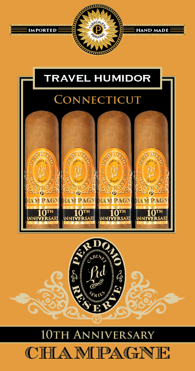 Packaging of Perdomo 10th Anniversary Champagne with travel humidor on a yellow background