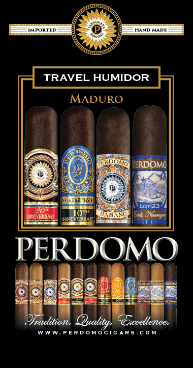 Perdomo Maduro travel humidor packaging with various Perdomo cigars on a black background.