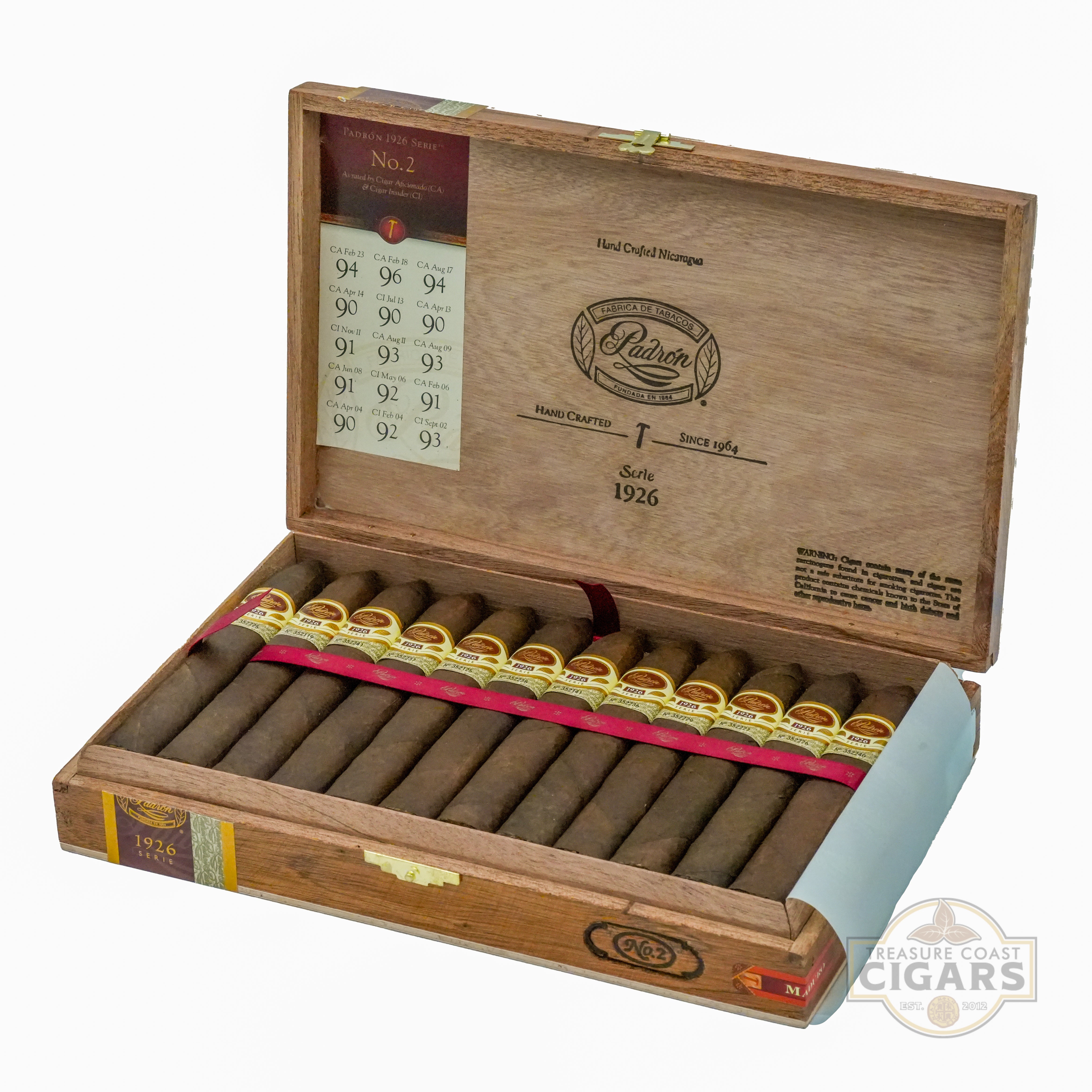 Wooden Padron 1926 No. 2 maduro cigar box with cigars inside on a white background