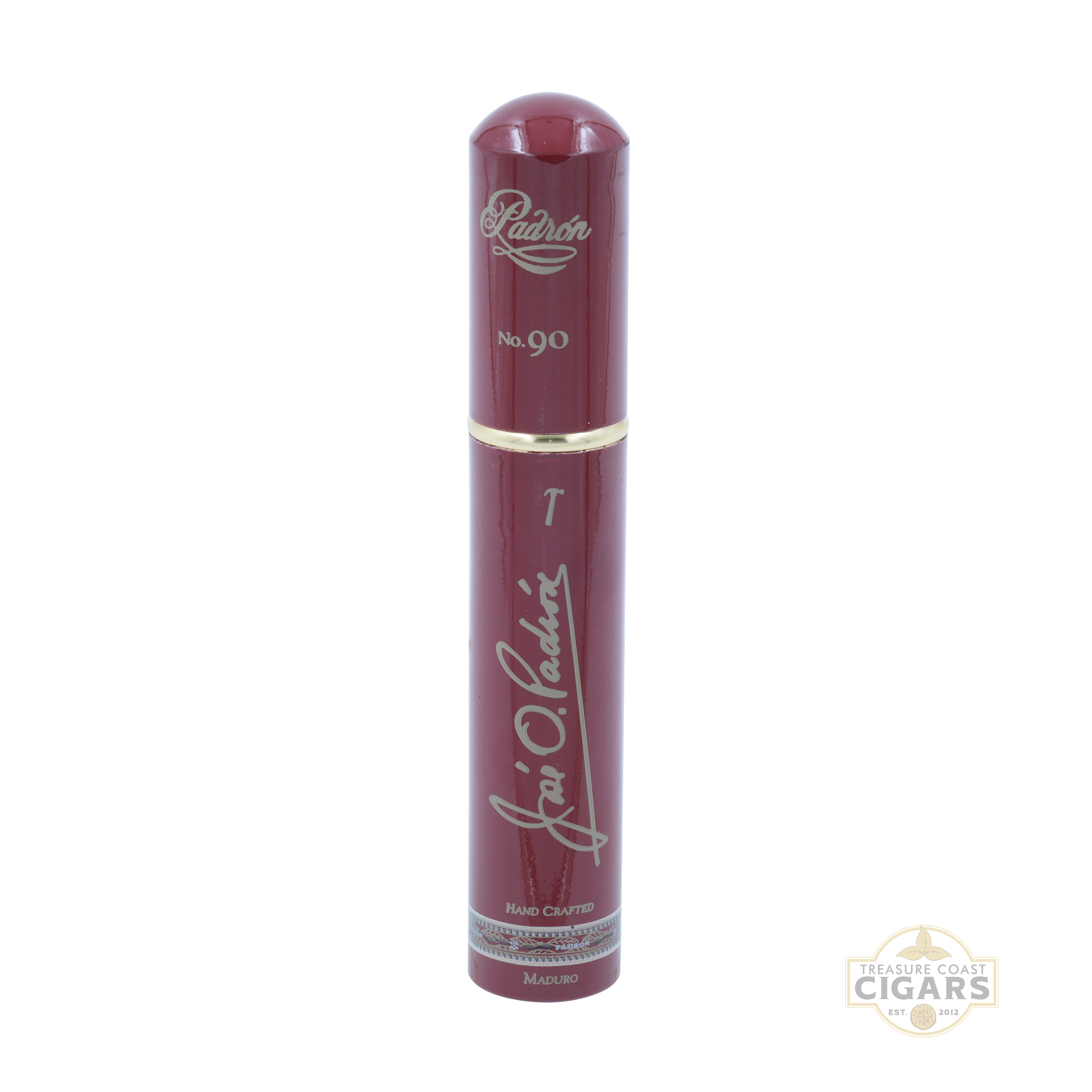 Padron 1926 No. 90 Maroon cigar tube with gold band and 'Padron' branding on a white background