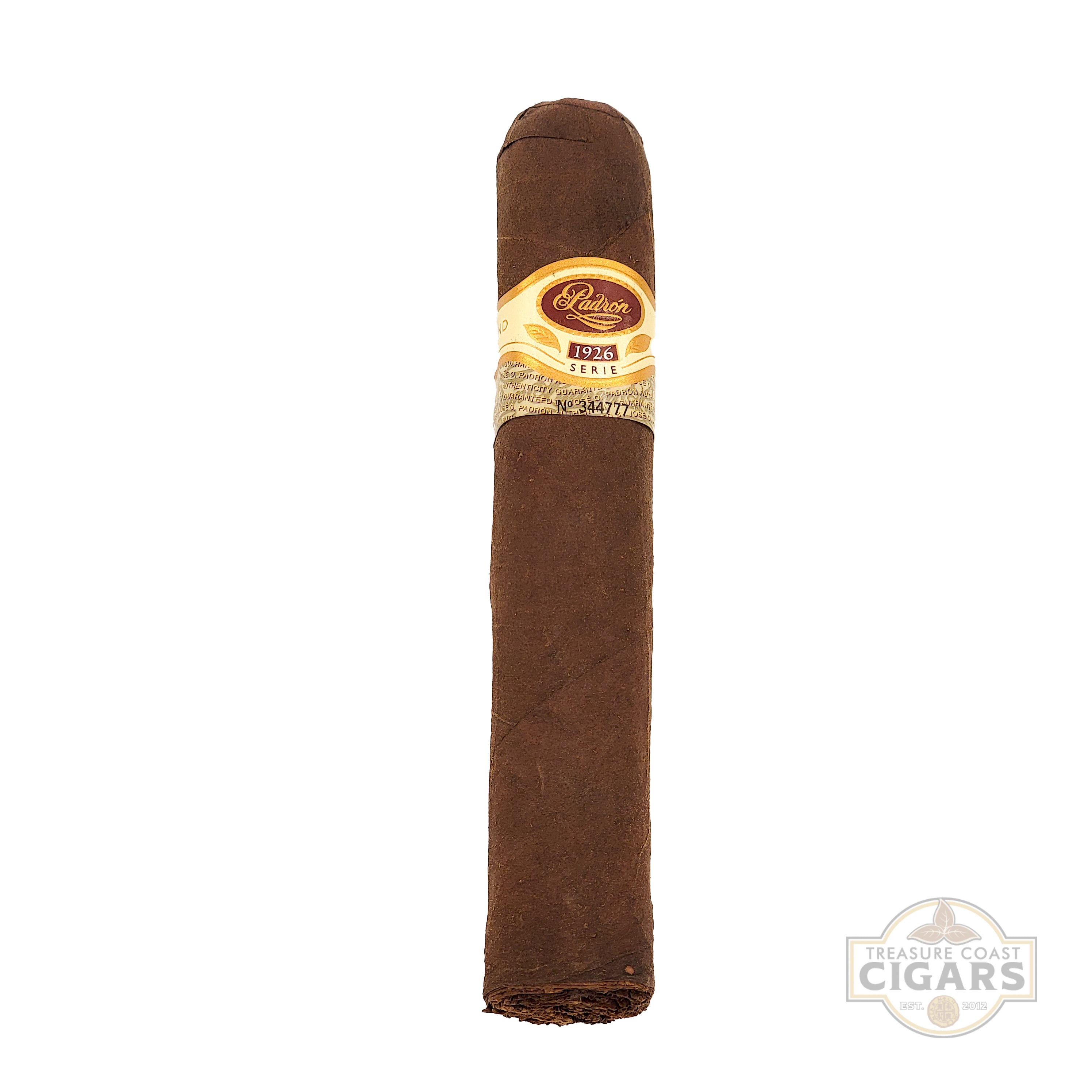 Cigar with a label on a white background, featuring the Treasure Coast Cigars brand.