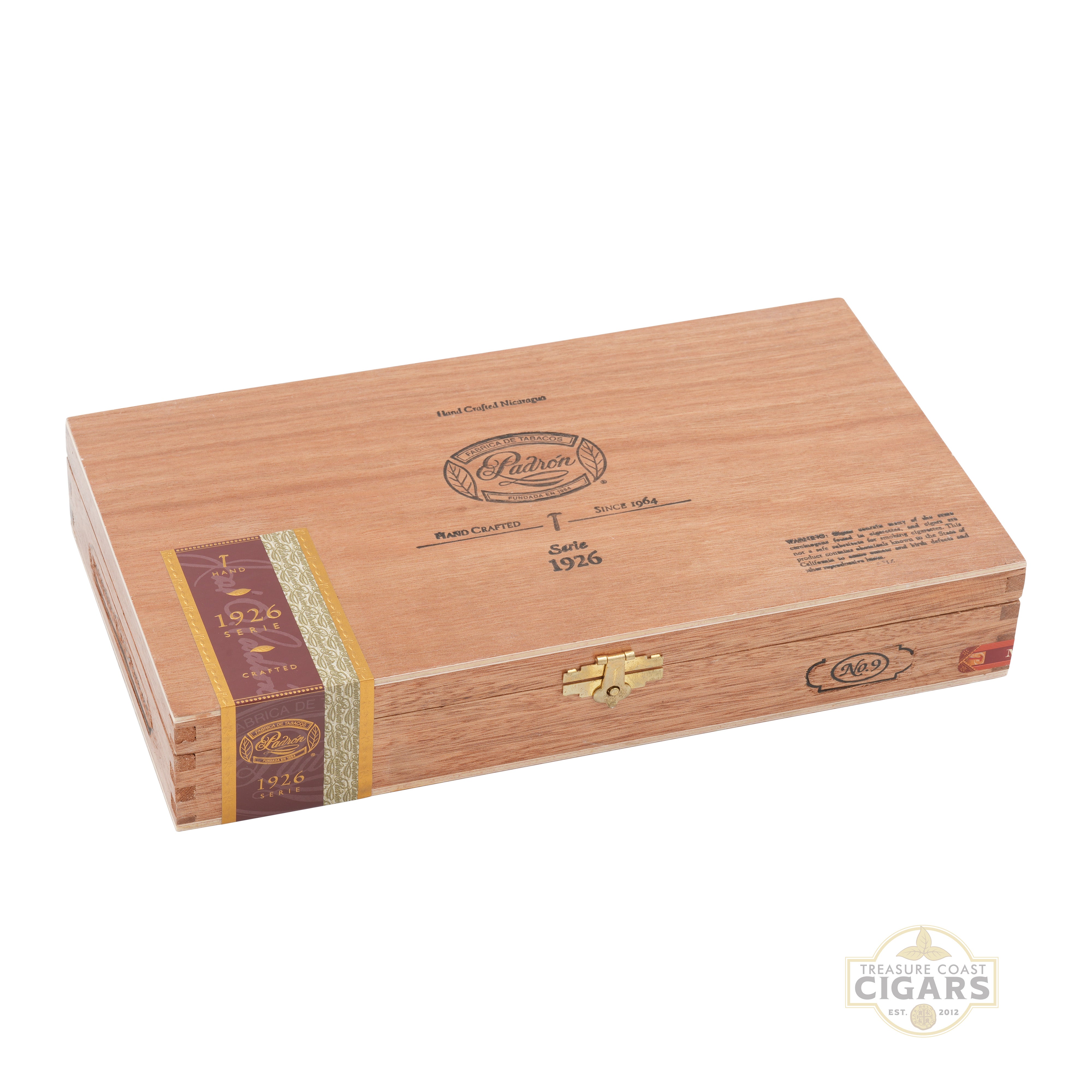 Wooden cigar box with brand logo on a white background