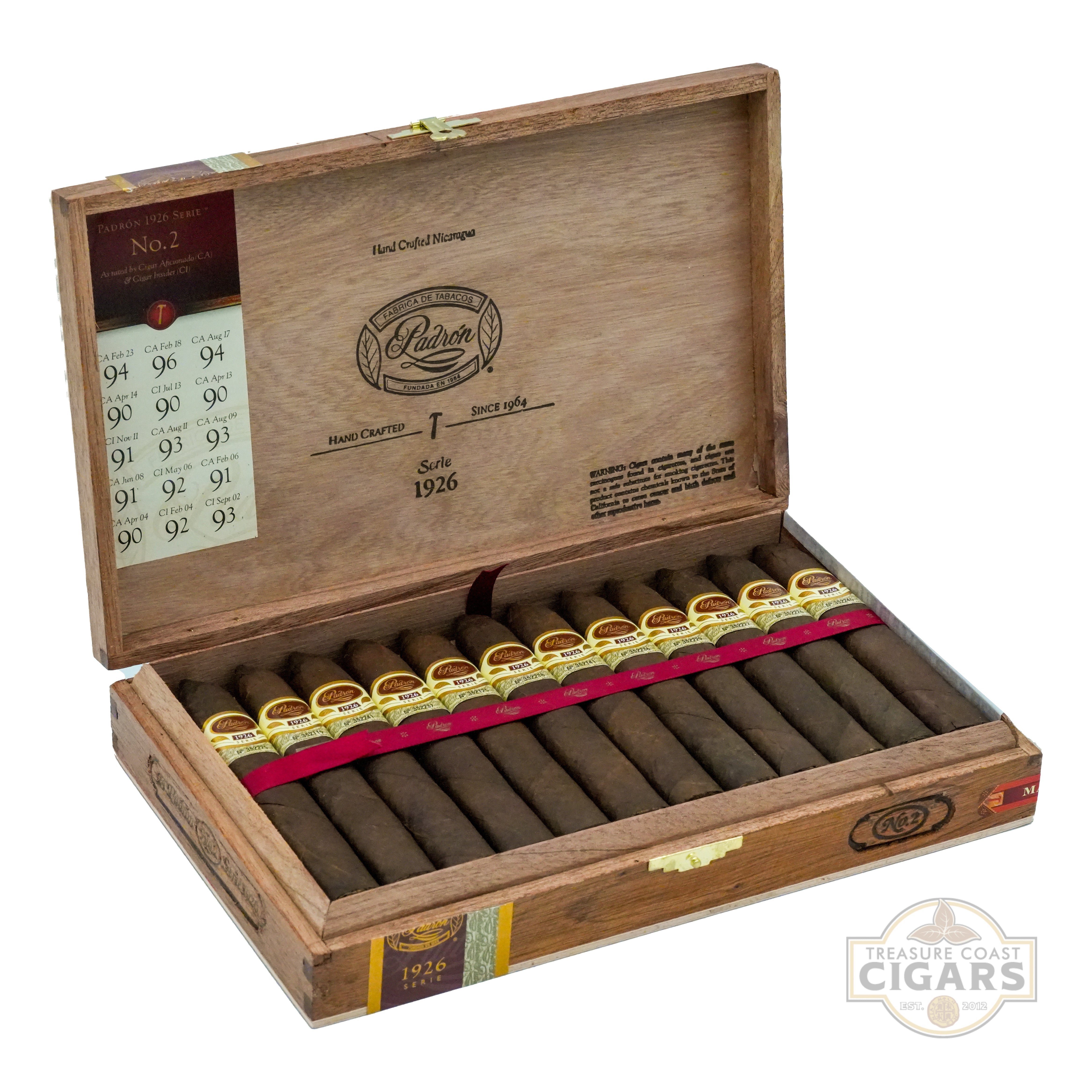 Wooden Padron 1926 No. 2 box with cigars and Padron logo on a white background