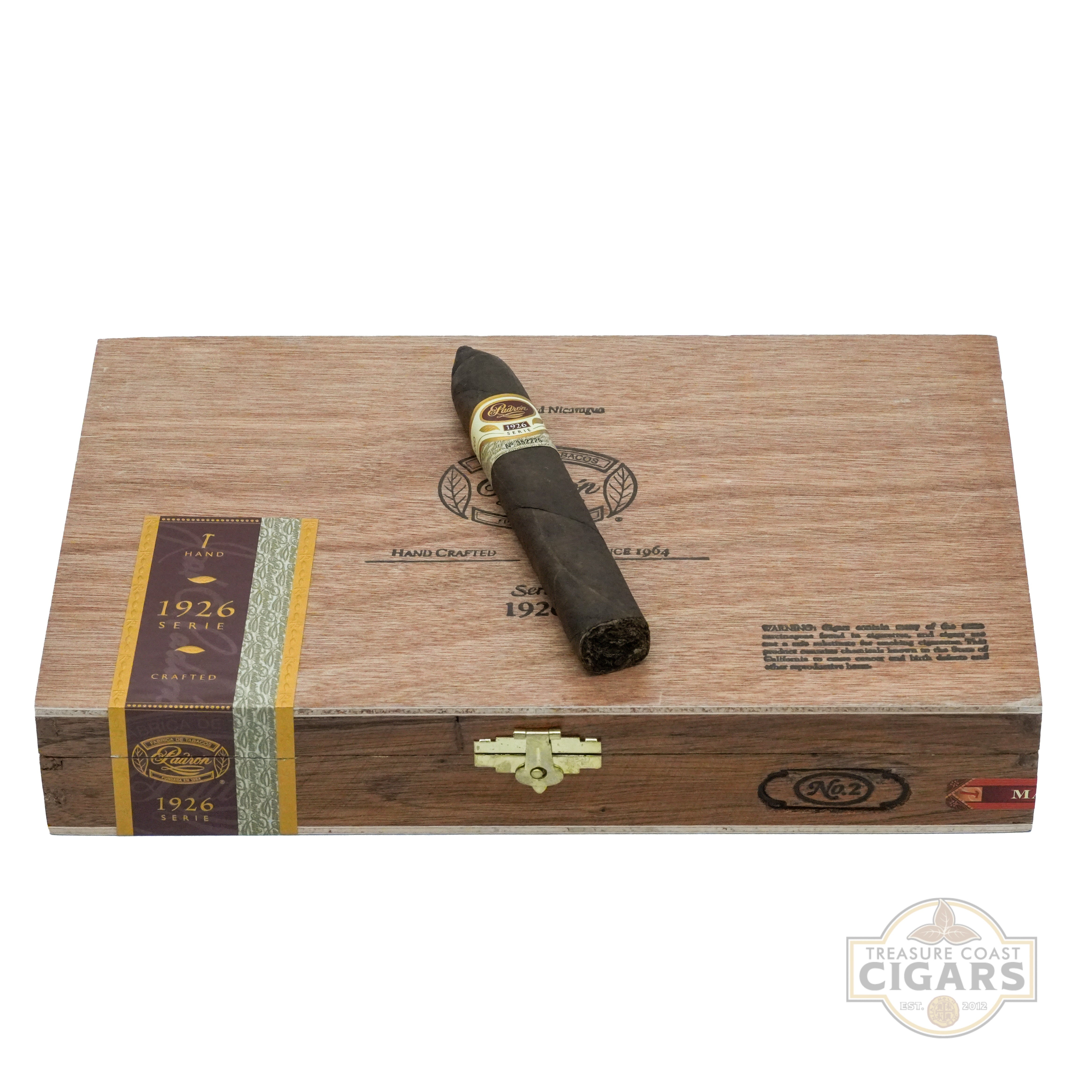 Padron 1926 No. 2 Maduro Cigar box with a single cigar on a white background, featuring Treasure Coast Cigars branding.