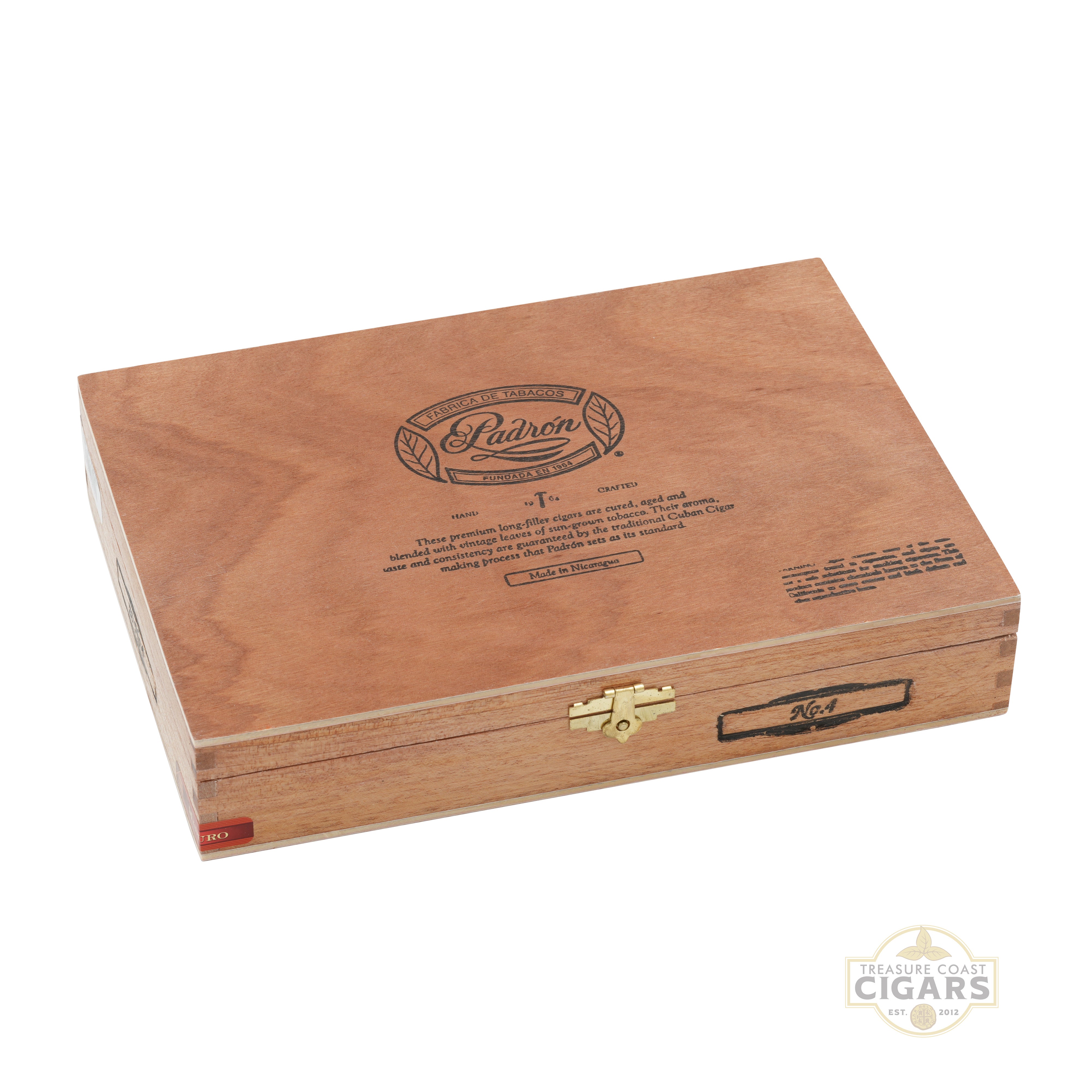 Wooden cigar box with Padron logo on a white background