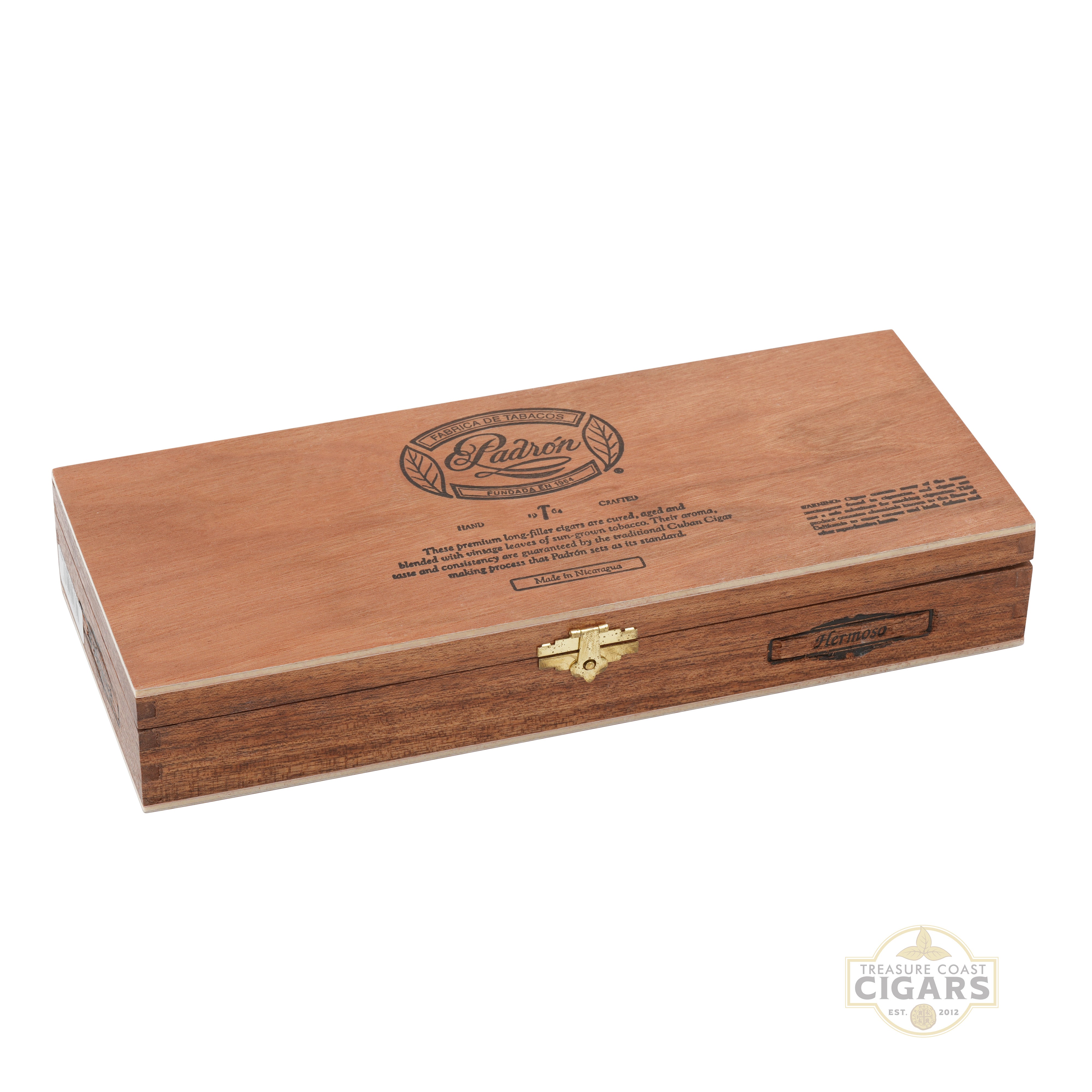 Wooden cigar box with brand logo on a white background