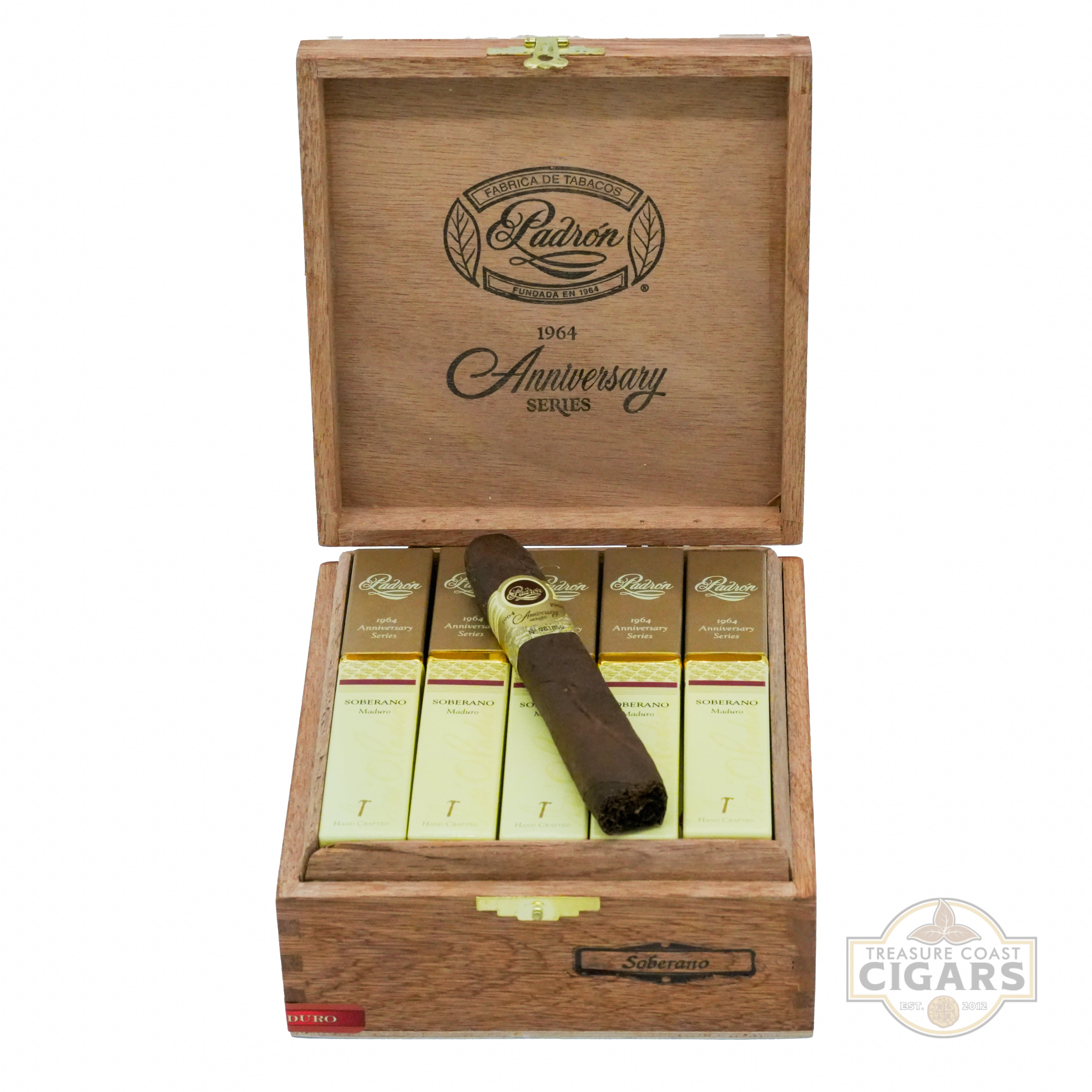 Wooden Cigar box with Padron Cigars on a white background