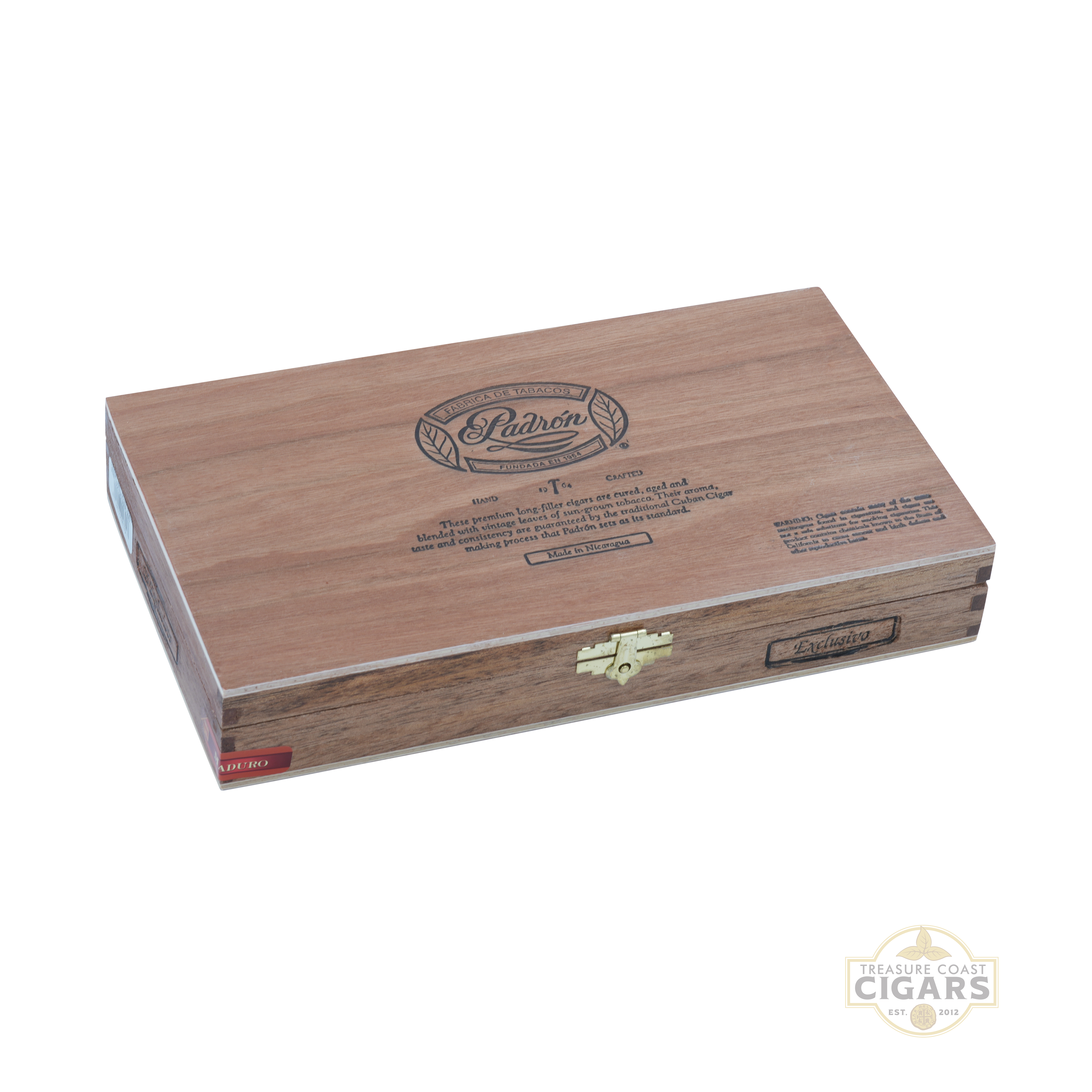 Padron 1964 Maduro Exclusivo wooden cigar box with Padron logo on a white background