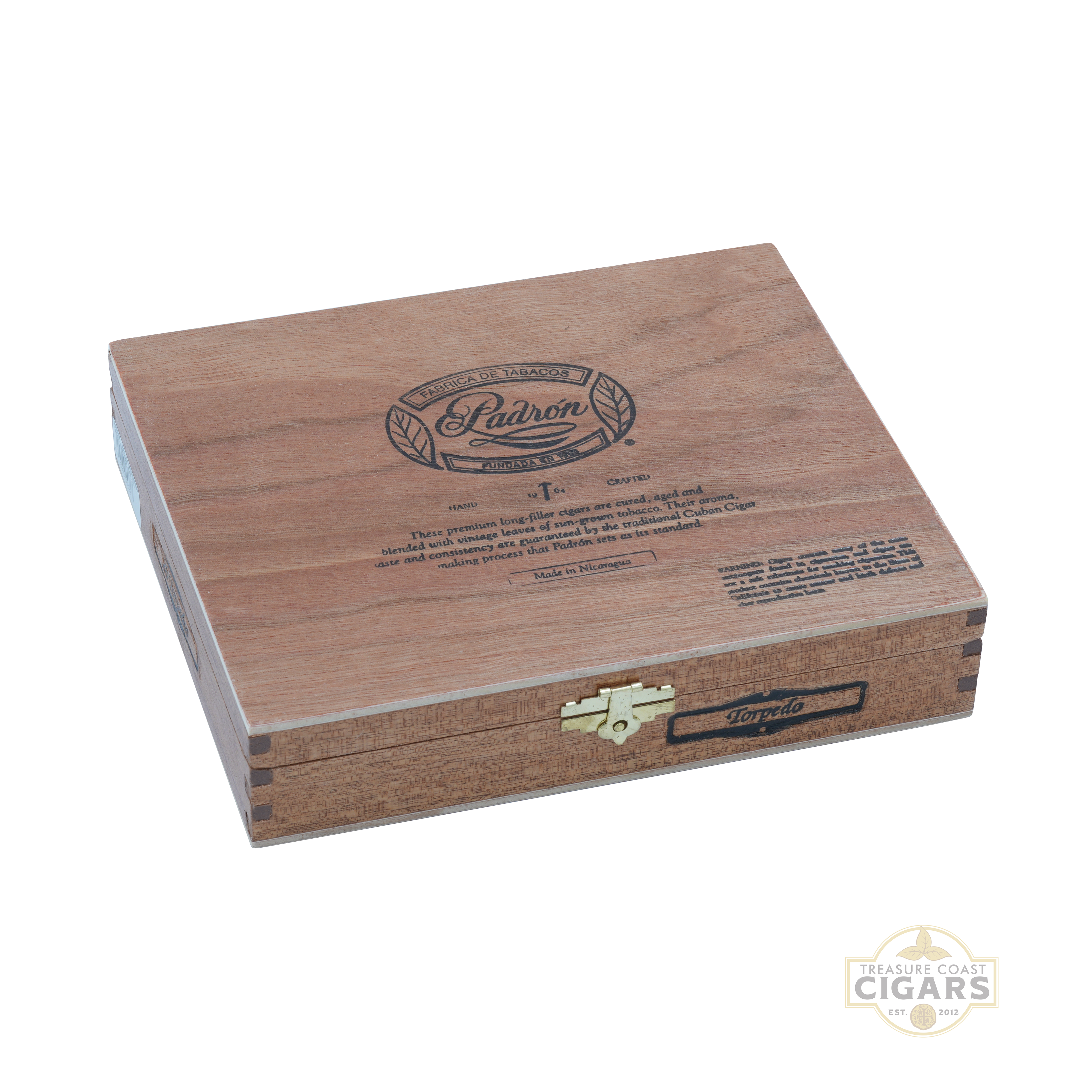 Padron 1964 Natural torpedo wooden cigar box with Padron logo on a white background
