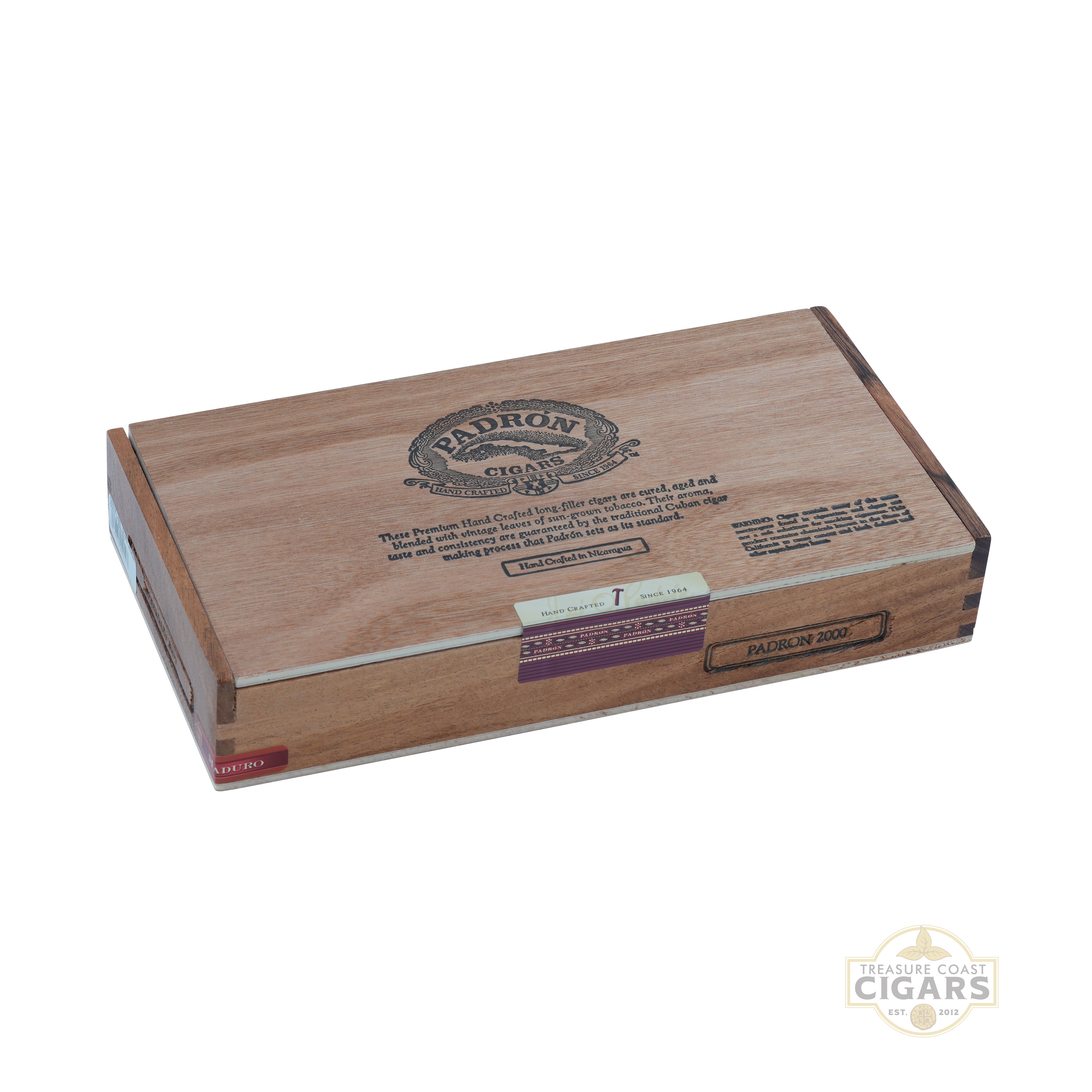 Padron 2000 maduro wooden cigar box with brand logo on a white background