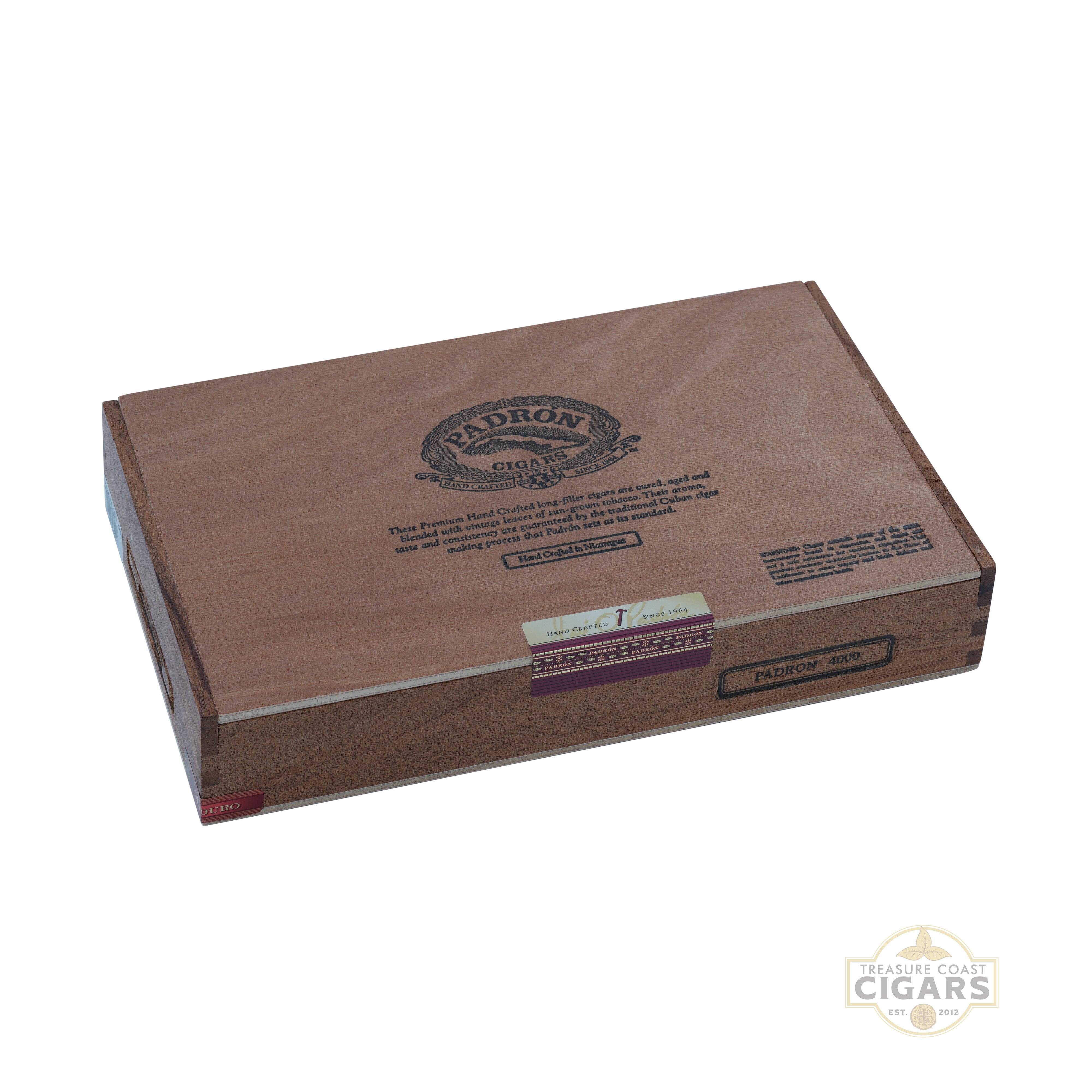 Padron 4000 maduro cigar box with Padron cigars branding on a white background