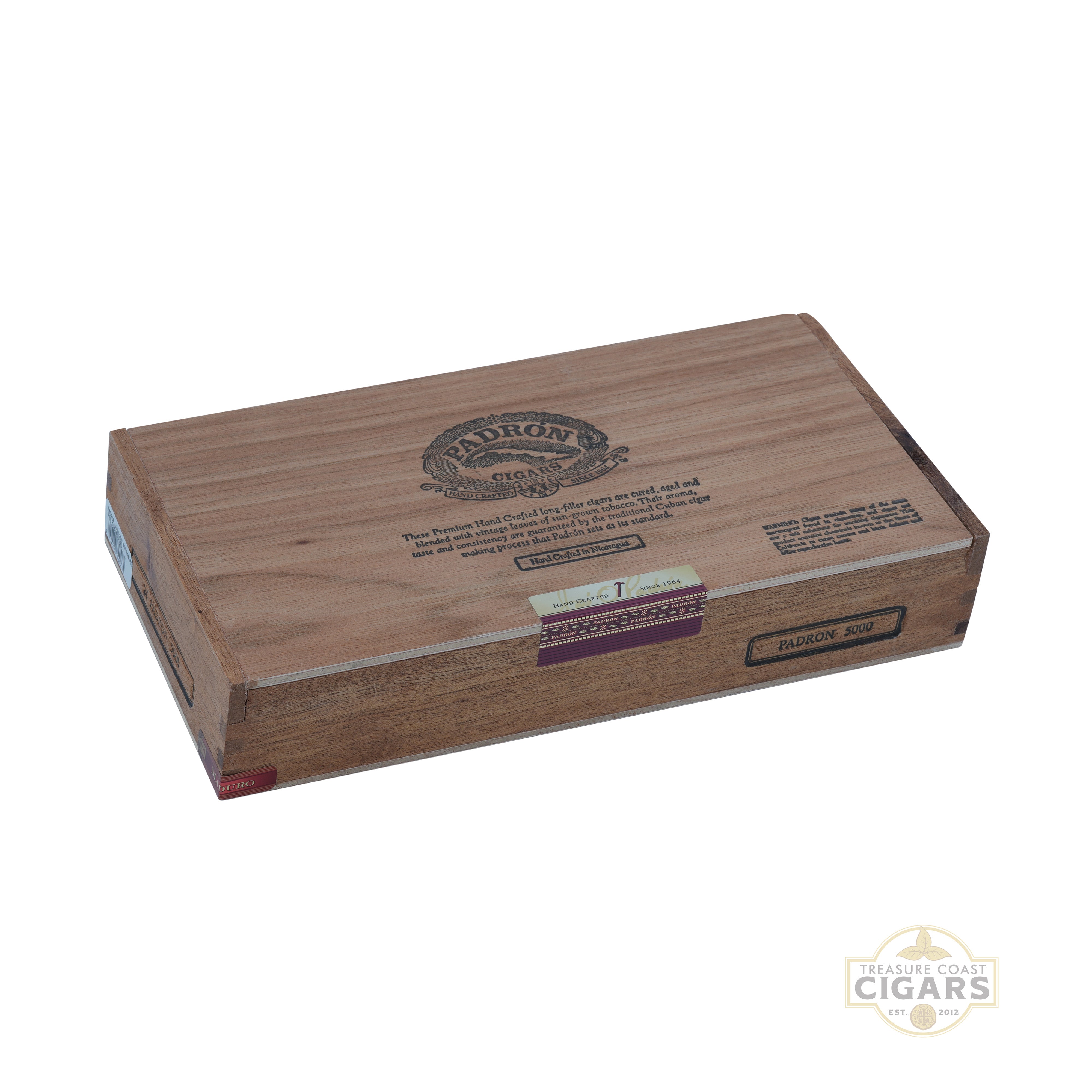 Padron 5000 maduro wooden cigar box with Haren brand logo on a white background
