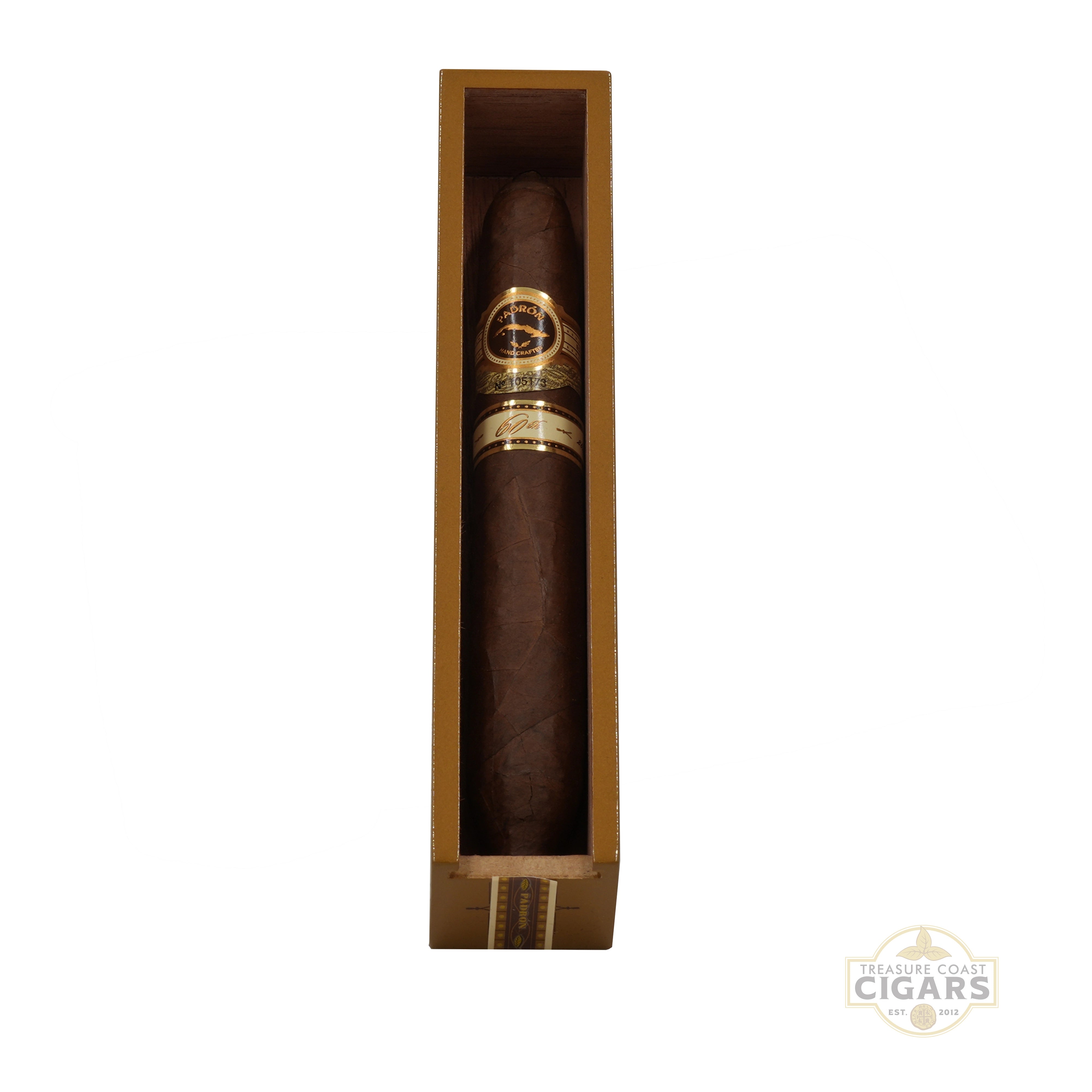 A single Padron 60th Perfecto resting in an open box with a white background.