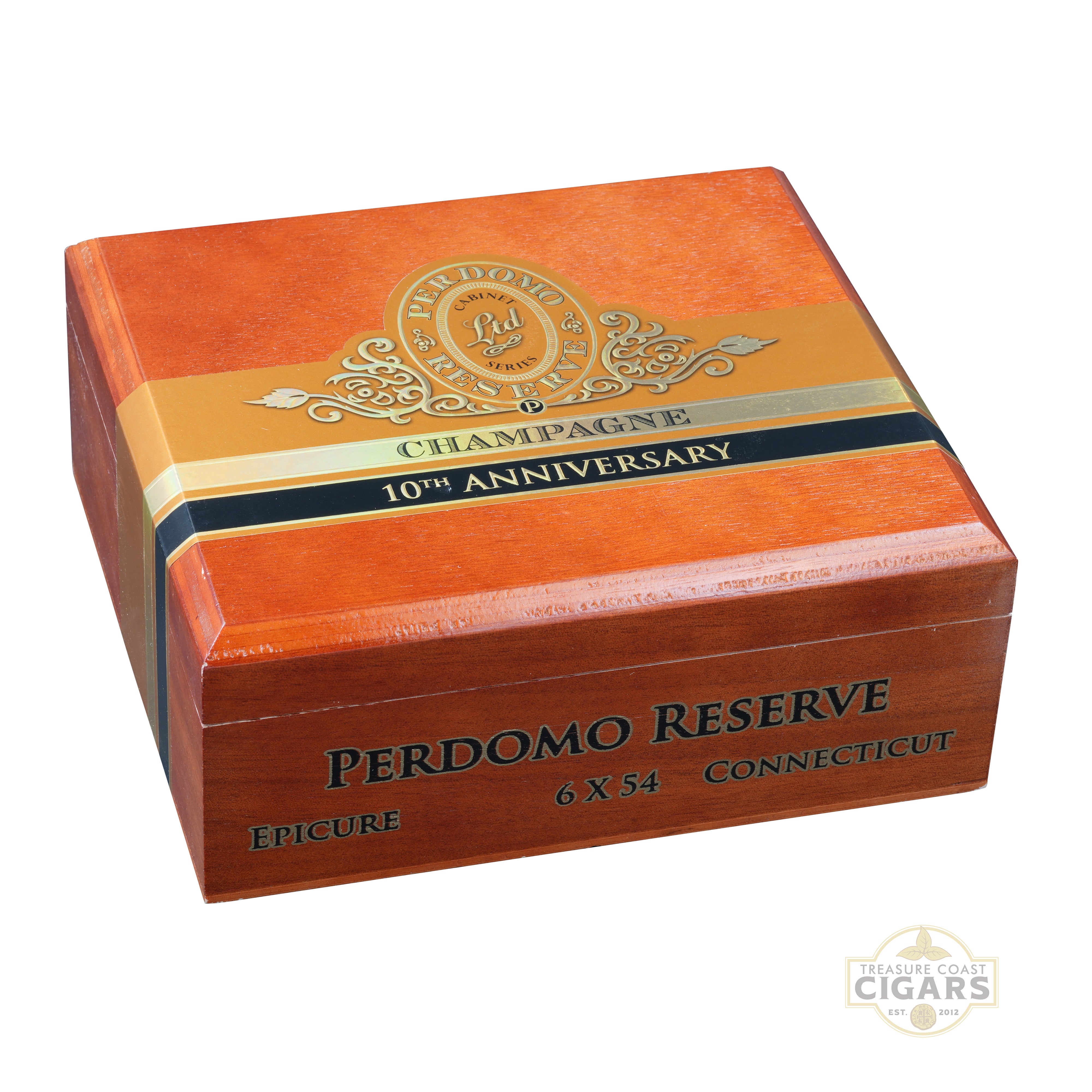 Perdomo Reserve Connecticut cigar box with branding and text on an orange background