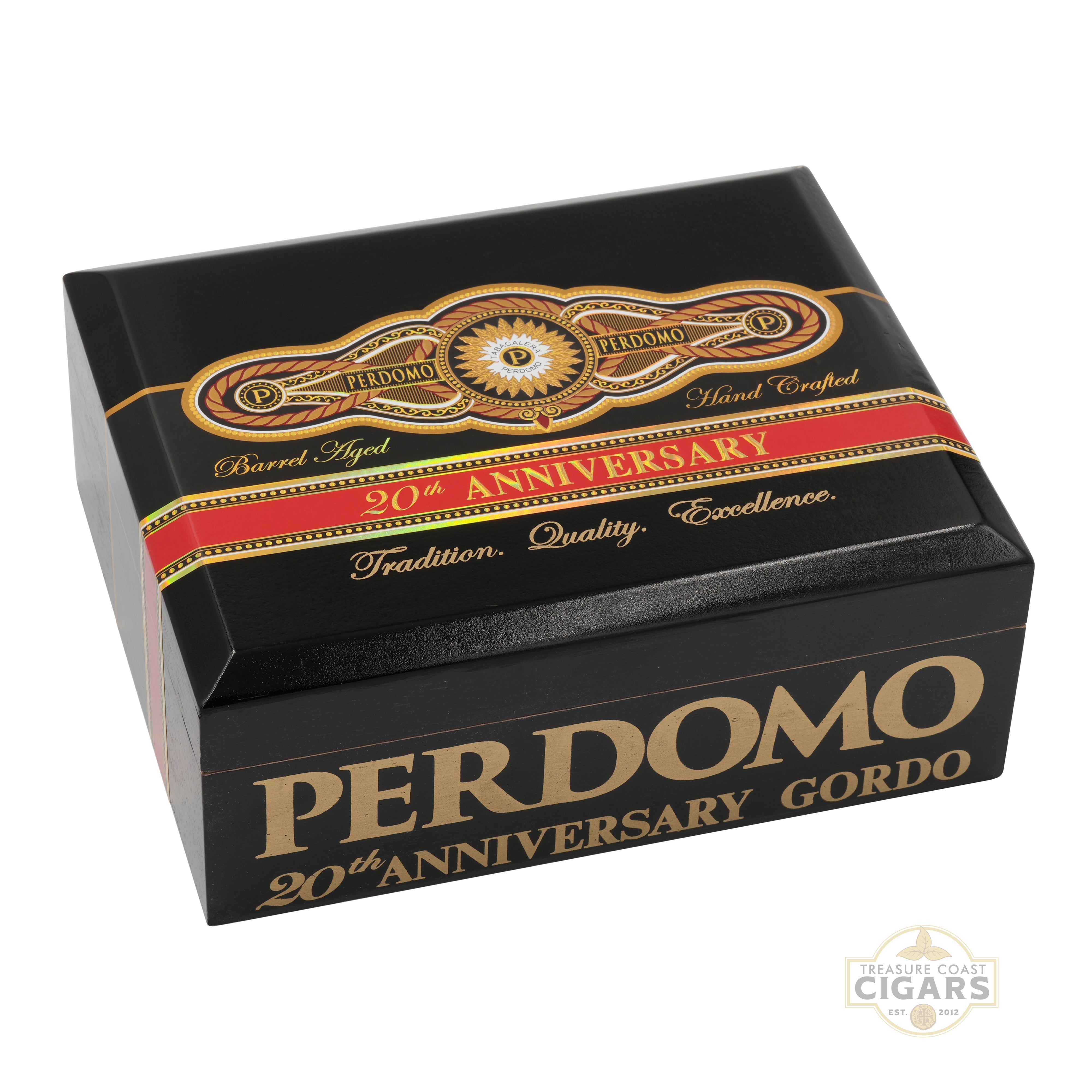 Perdomo 20th Anniversary Gordo cigar box with gold and red accents on a white background
