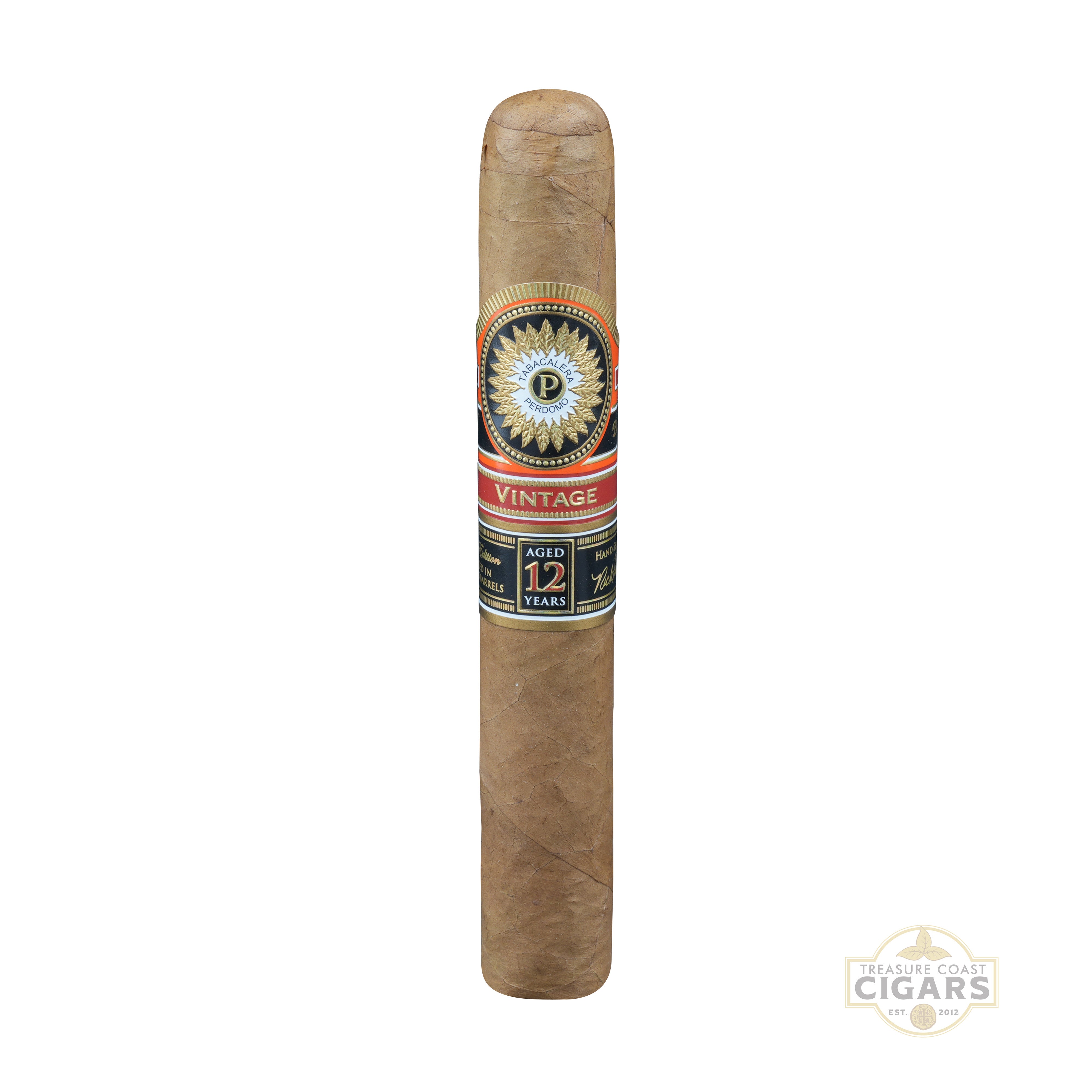 Perdomo 12 year Connecticut epicure cigar with a label on a white background