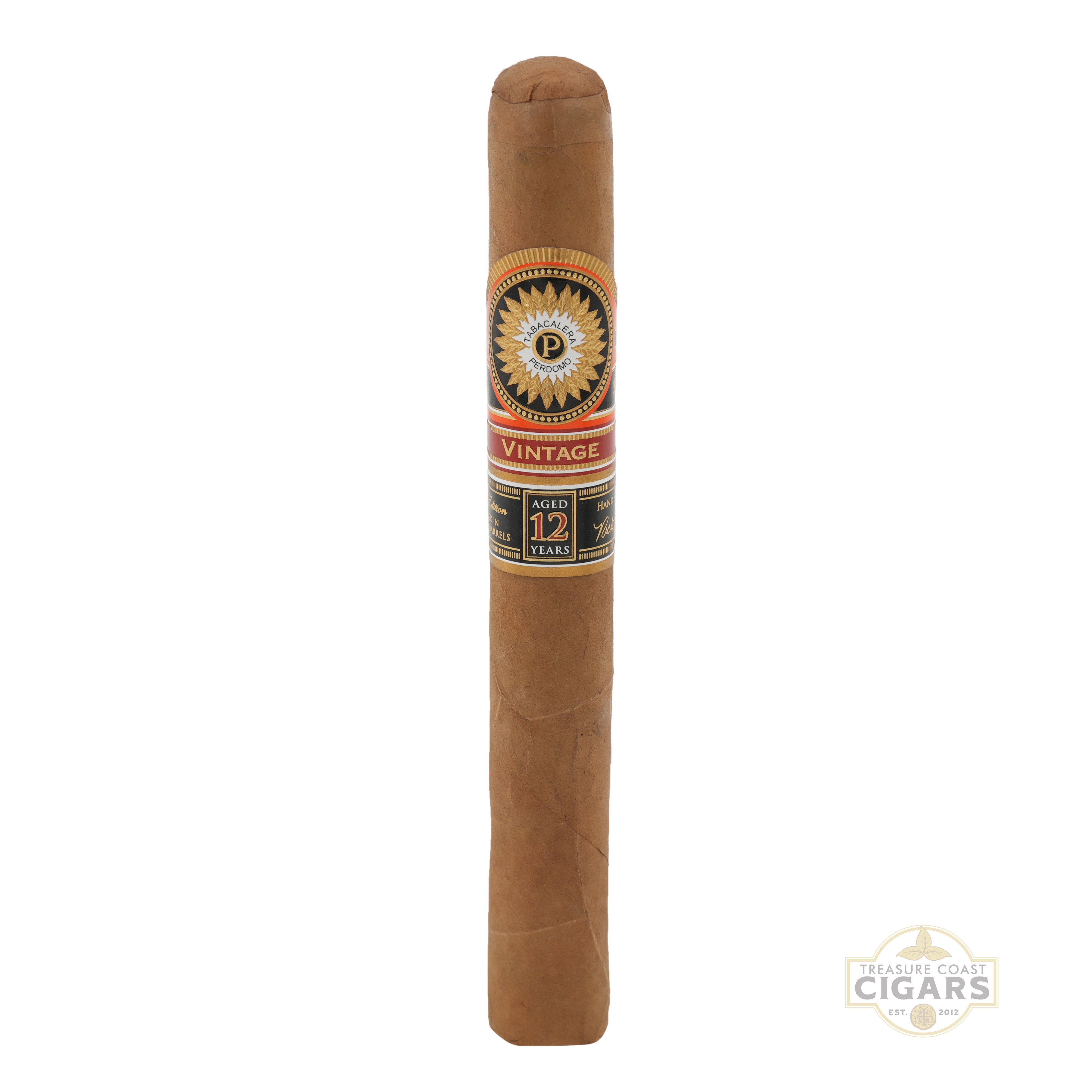 Perdomo Double Aged 12 Year Vintage Cigar with a label on a white background