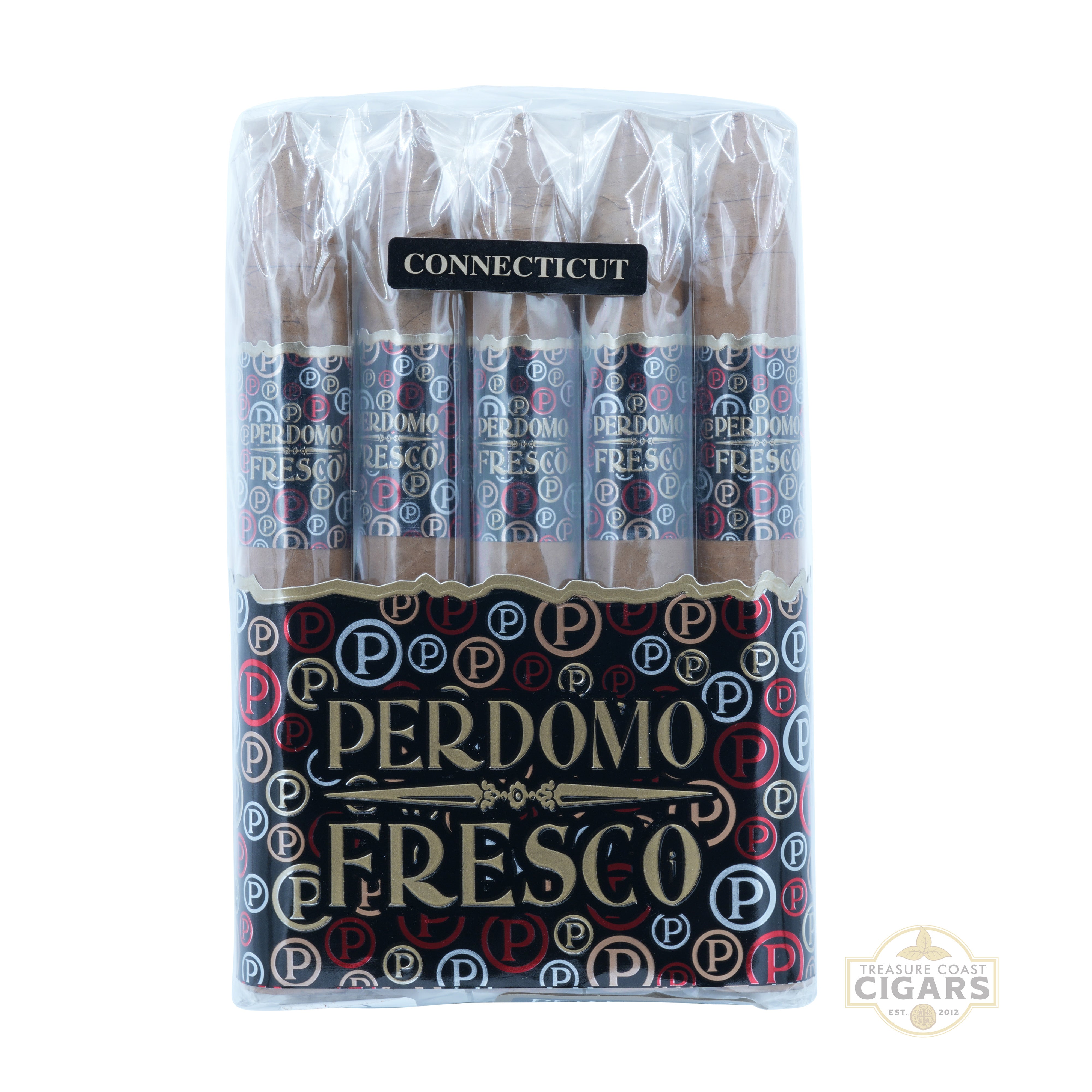 Pack of Perdomo Fresco Connecticut cigars with clear plastic wrapping on a white background.