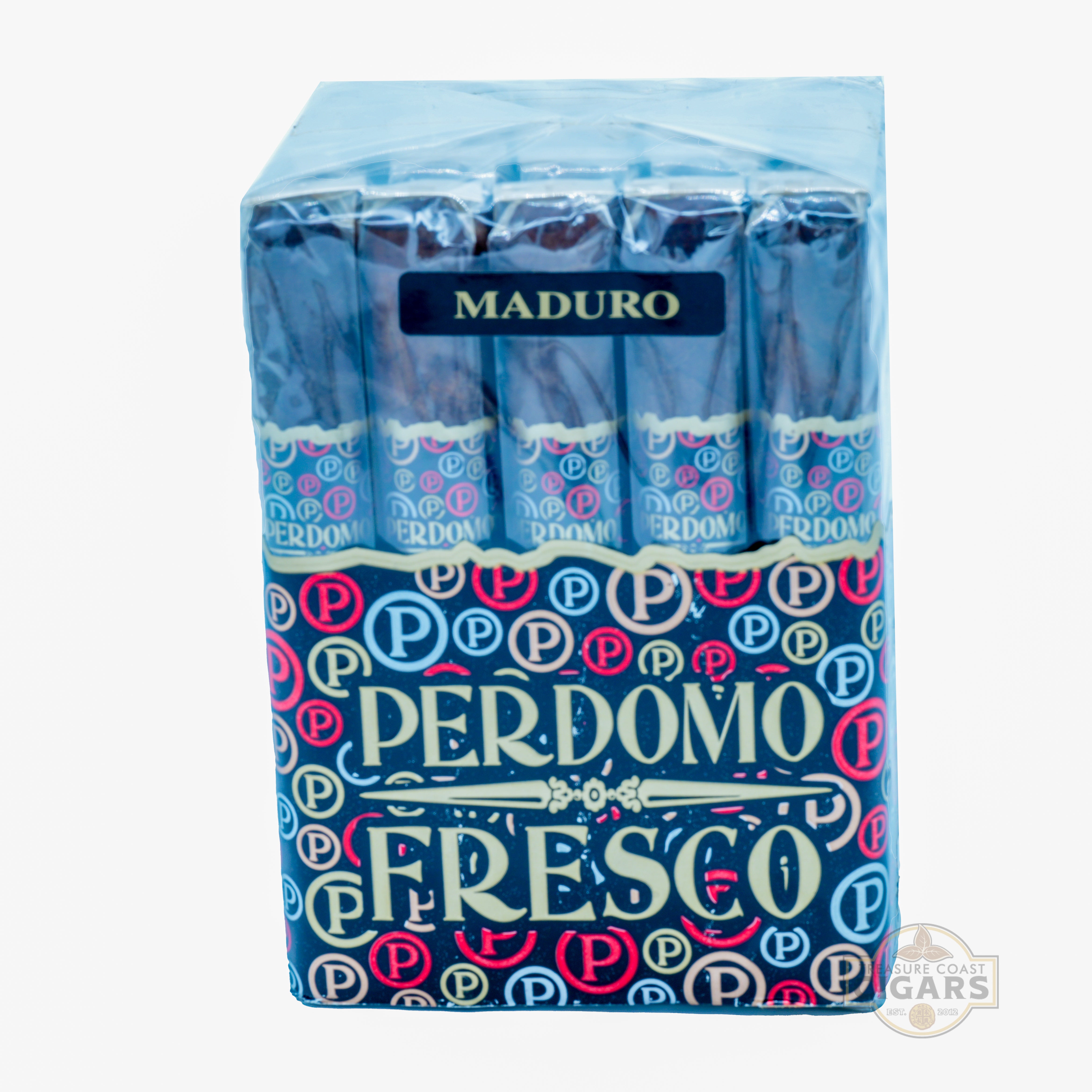 Pack of Perdomo Fresco Maduro cigars in a blue patterned box on a white background