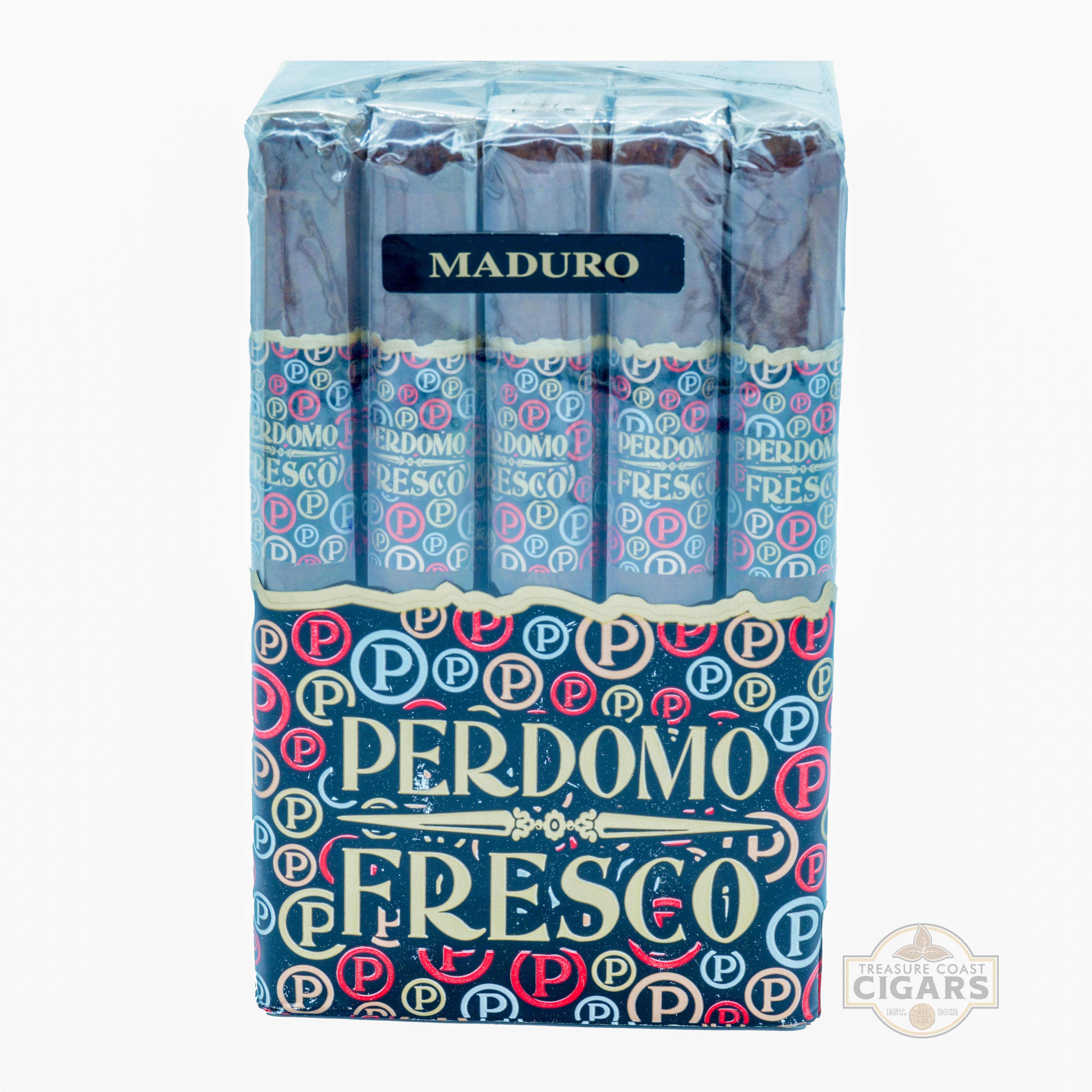 Pack of Perdomo Fresco Maduro cigars with colorful branding on a white background