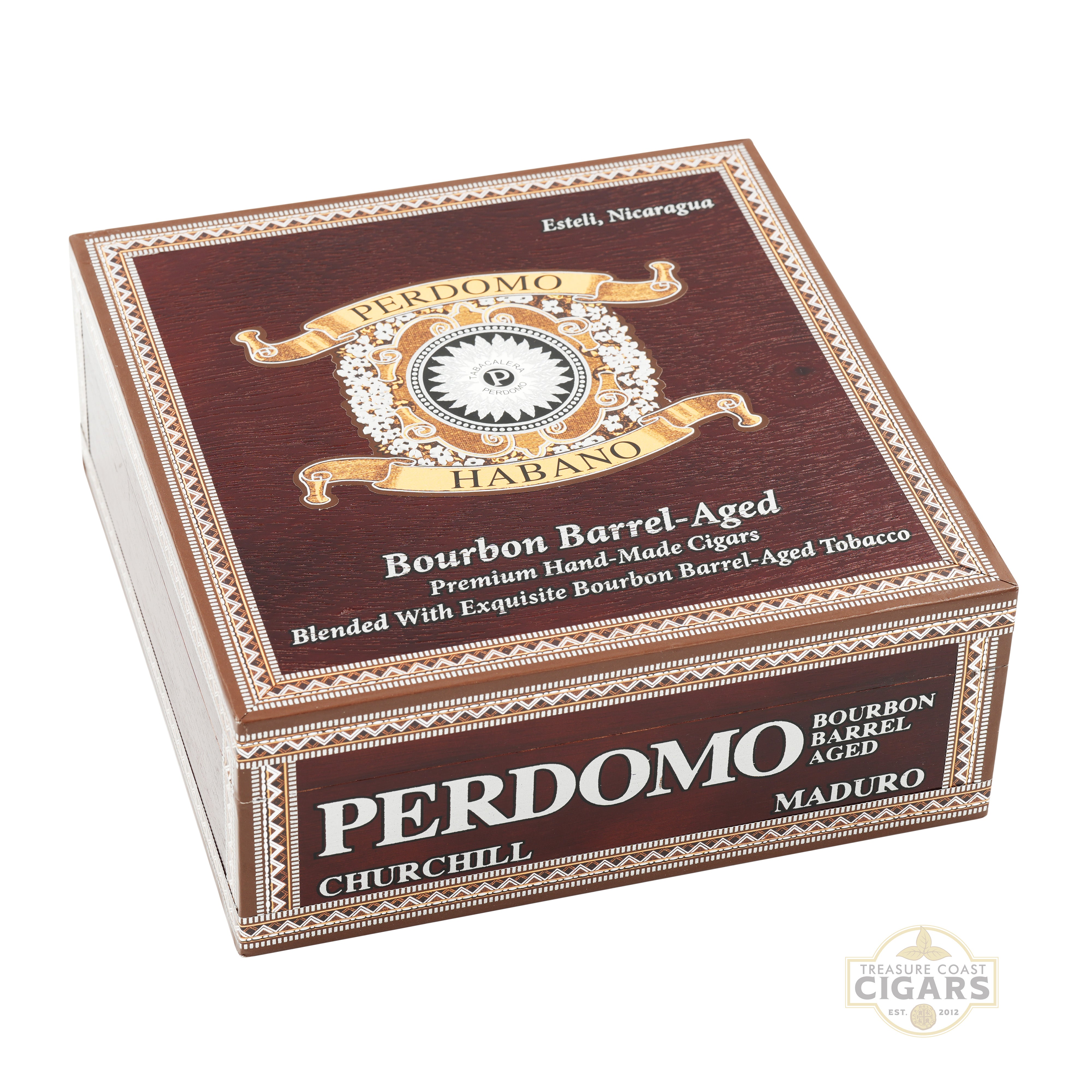 Perdomo Habano bourbon barrel-aged cigar box on a white background