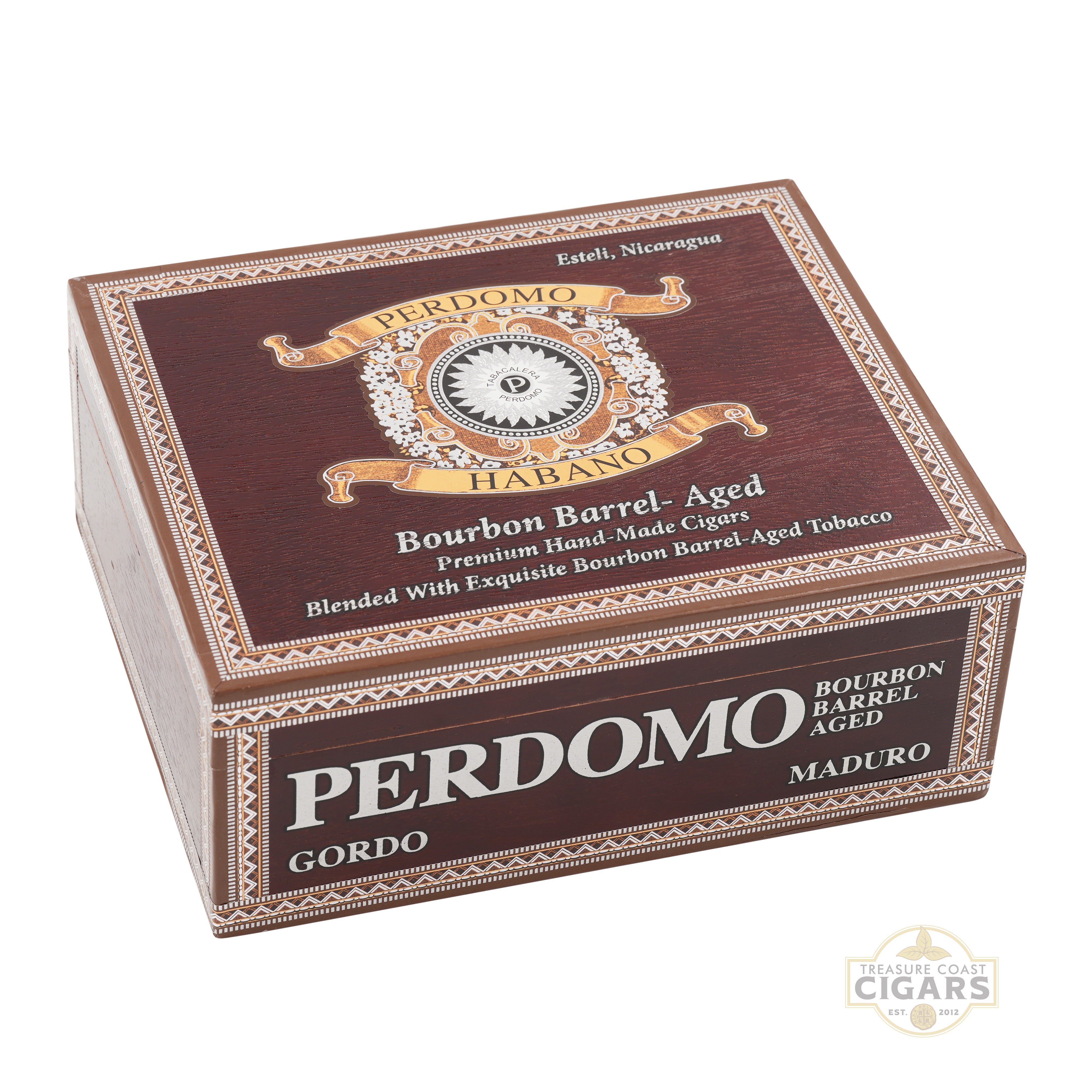 Perdomo Habano bourbon barrel-aged gordo  cigar box on a white background