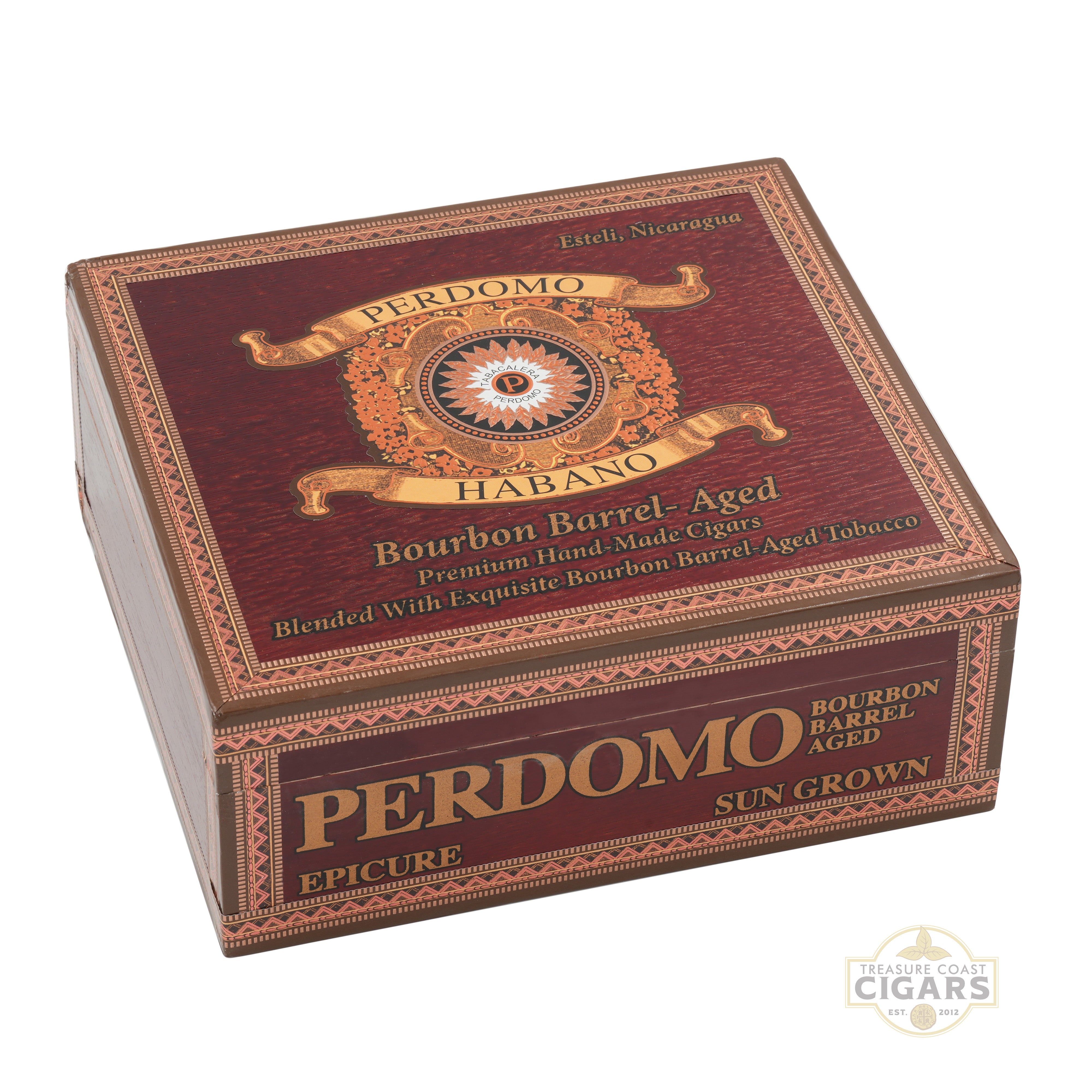 Perdomo Habano bourbon barrel-aged cigar box on a white background