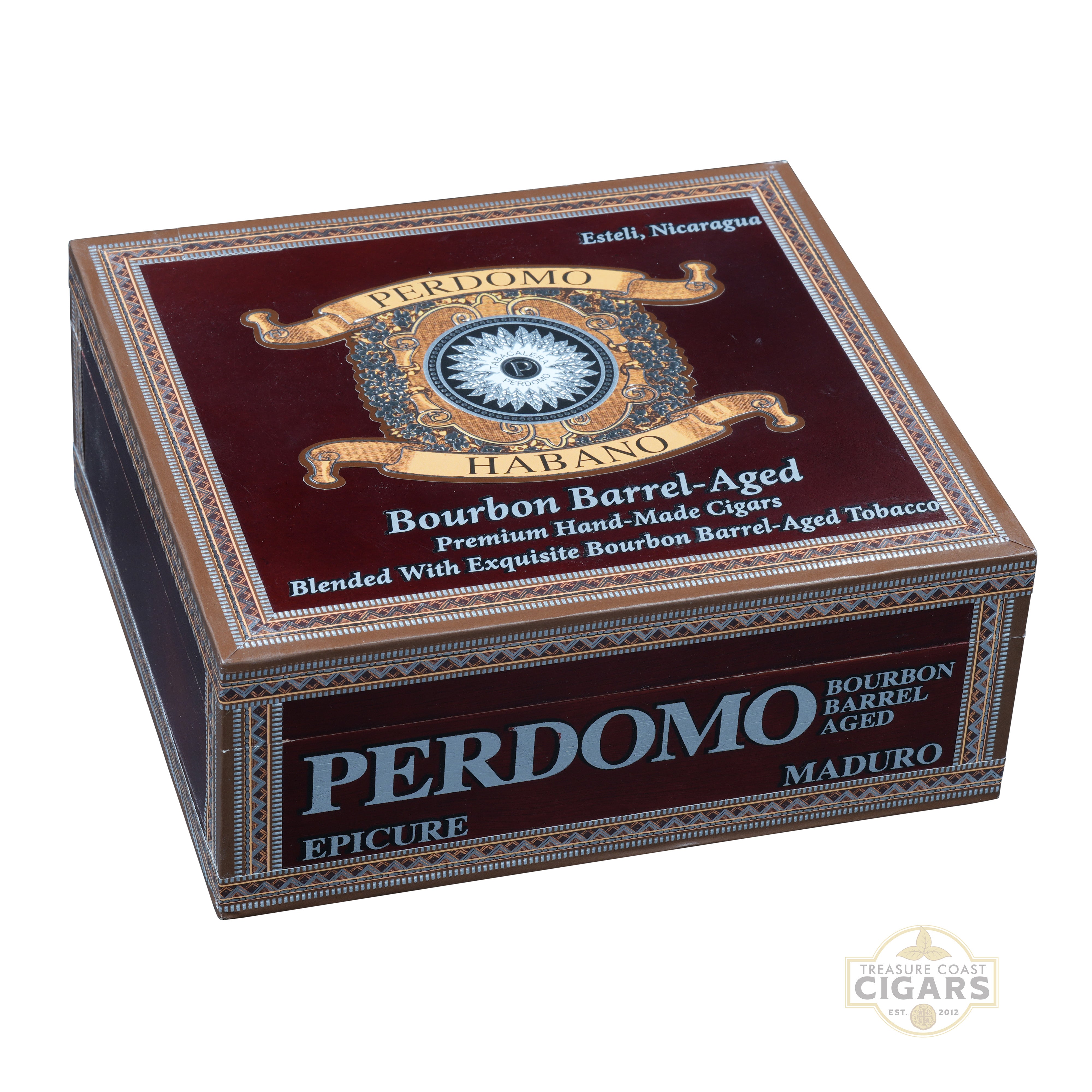 Perdomo Habano Bourbon Barrel Aged Maduro Epicure cigar box on a white background