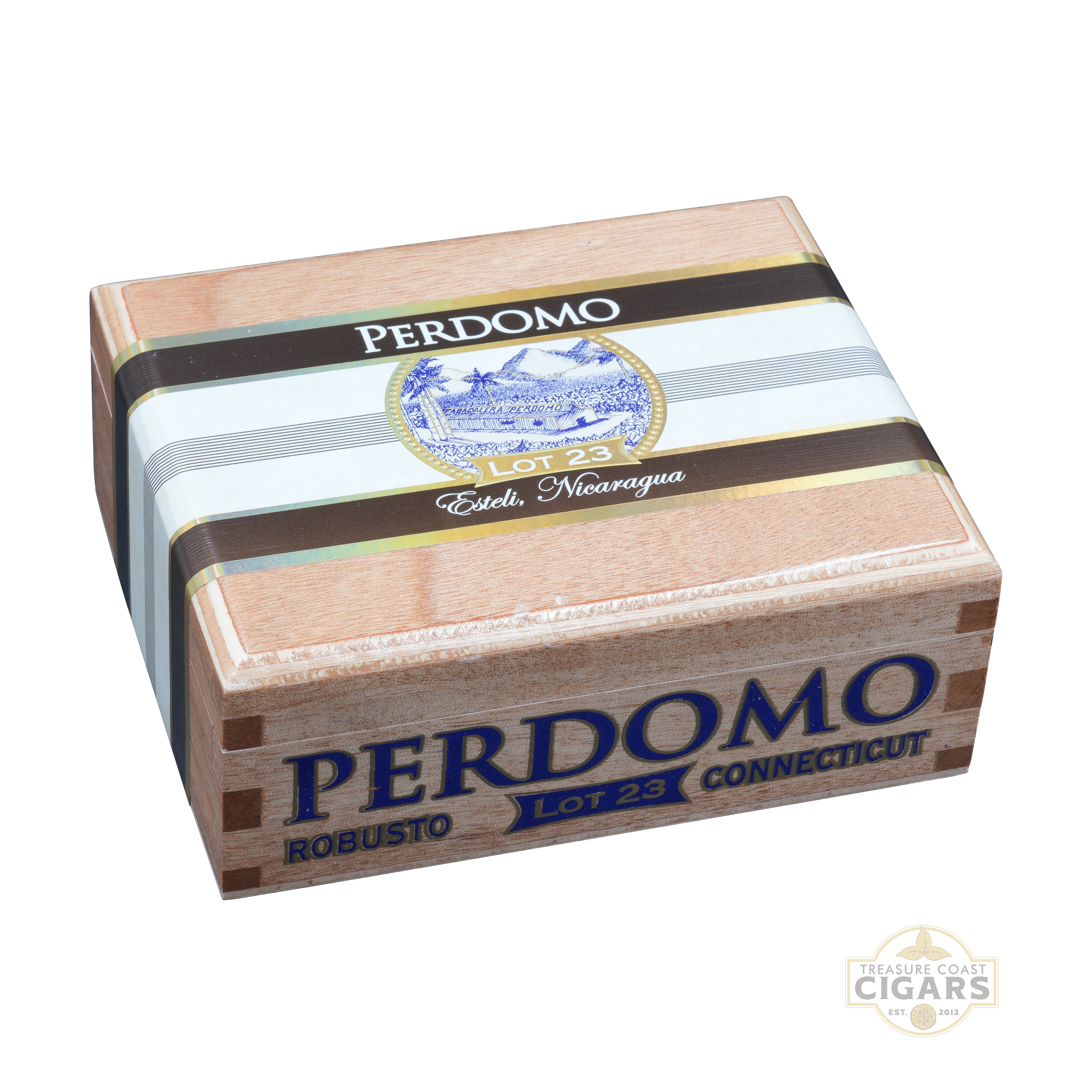 Perdomo Lot 23 Connecticut cigars in a wooden box on a white background