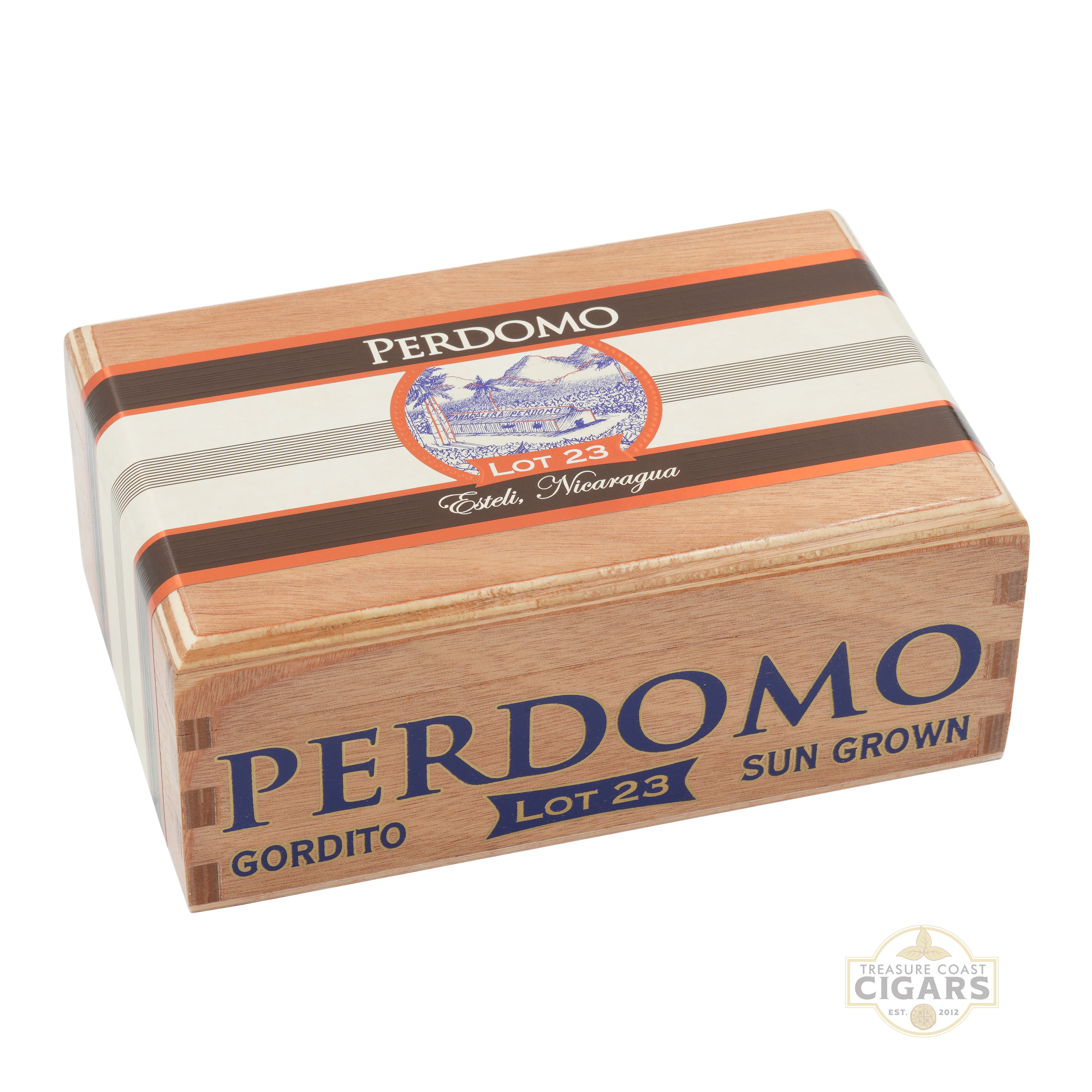 Perdomo cigar box with branding and product details on a white background