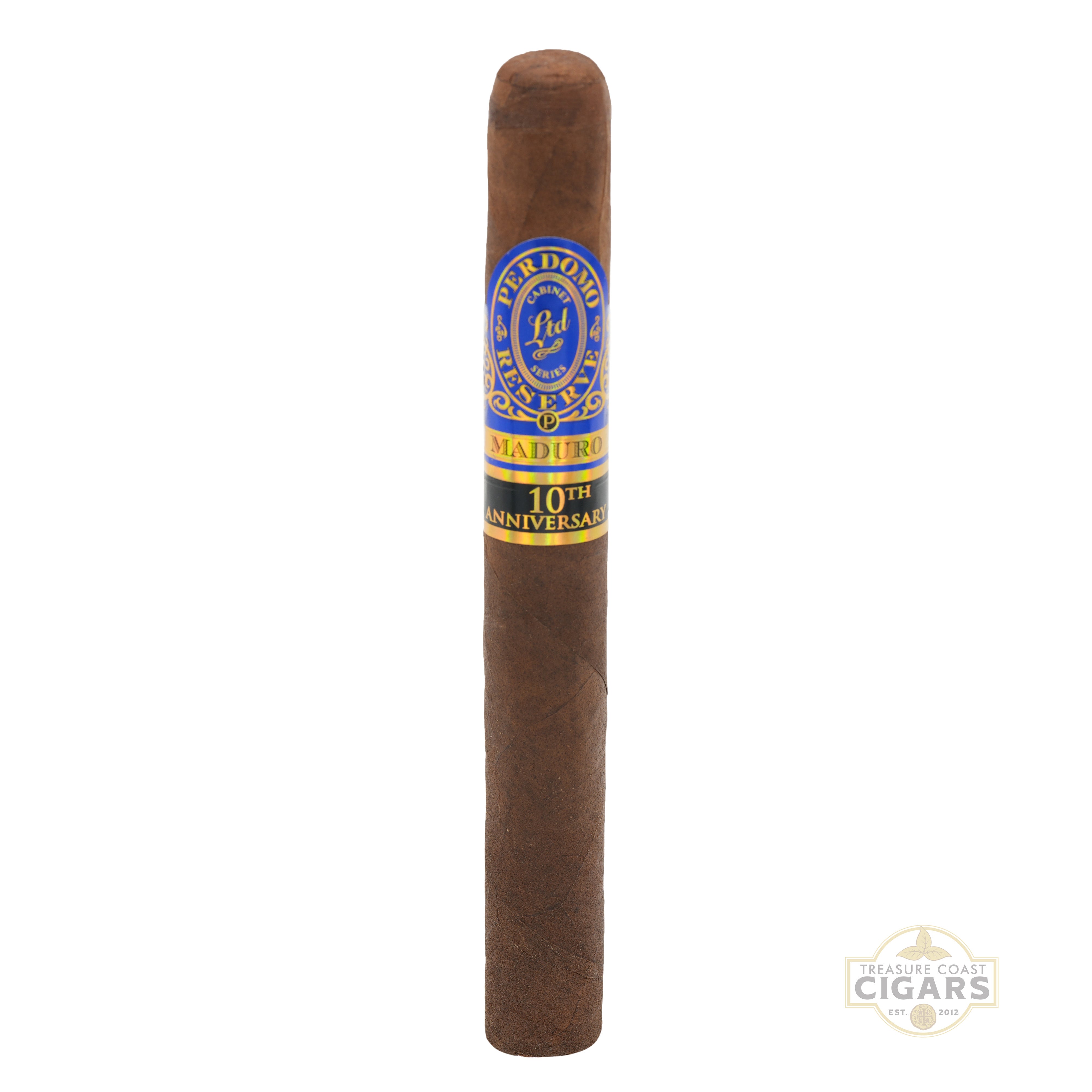 Cigar with a blue and yellow label on a white background