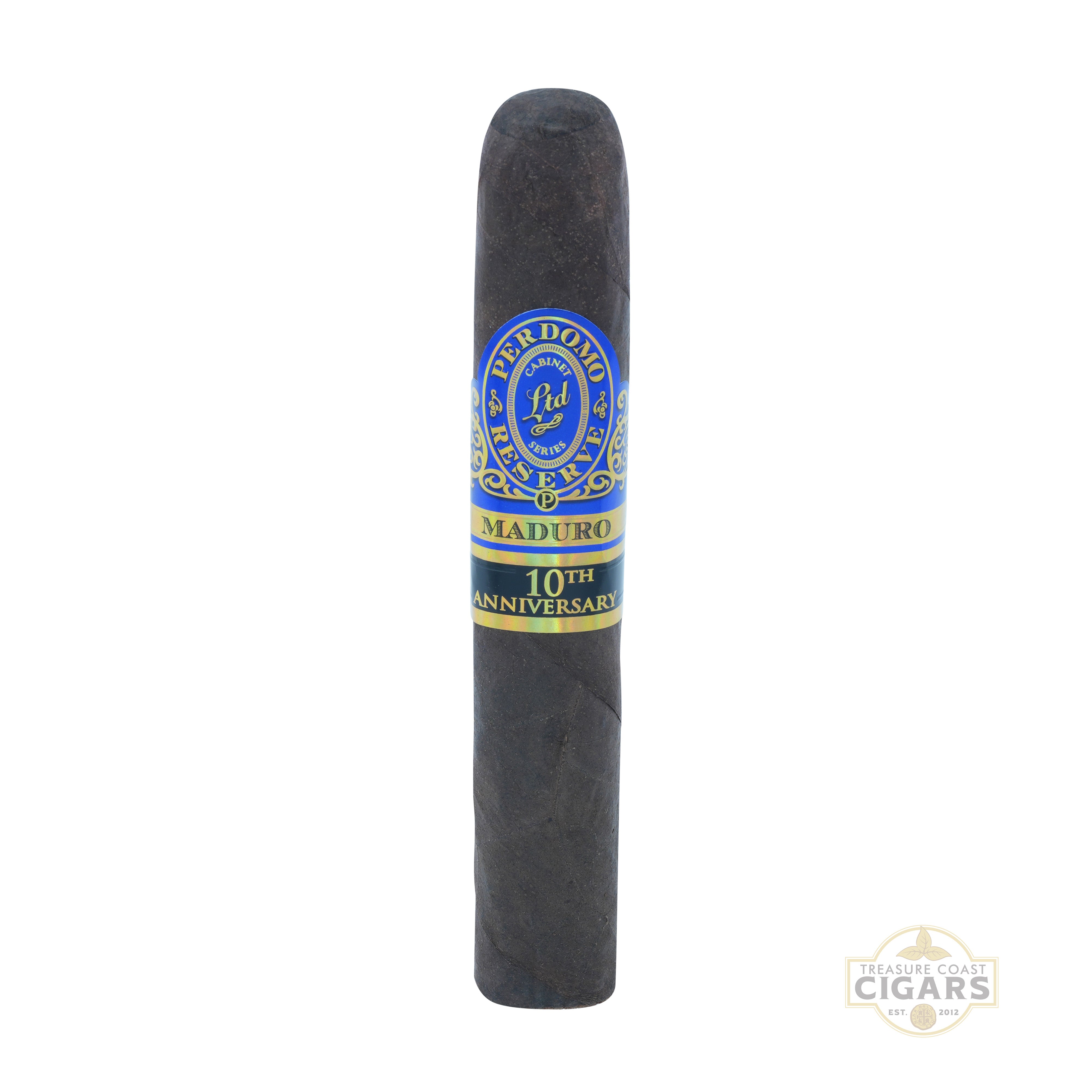 Cigar with a blue and yellow label on a white background