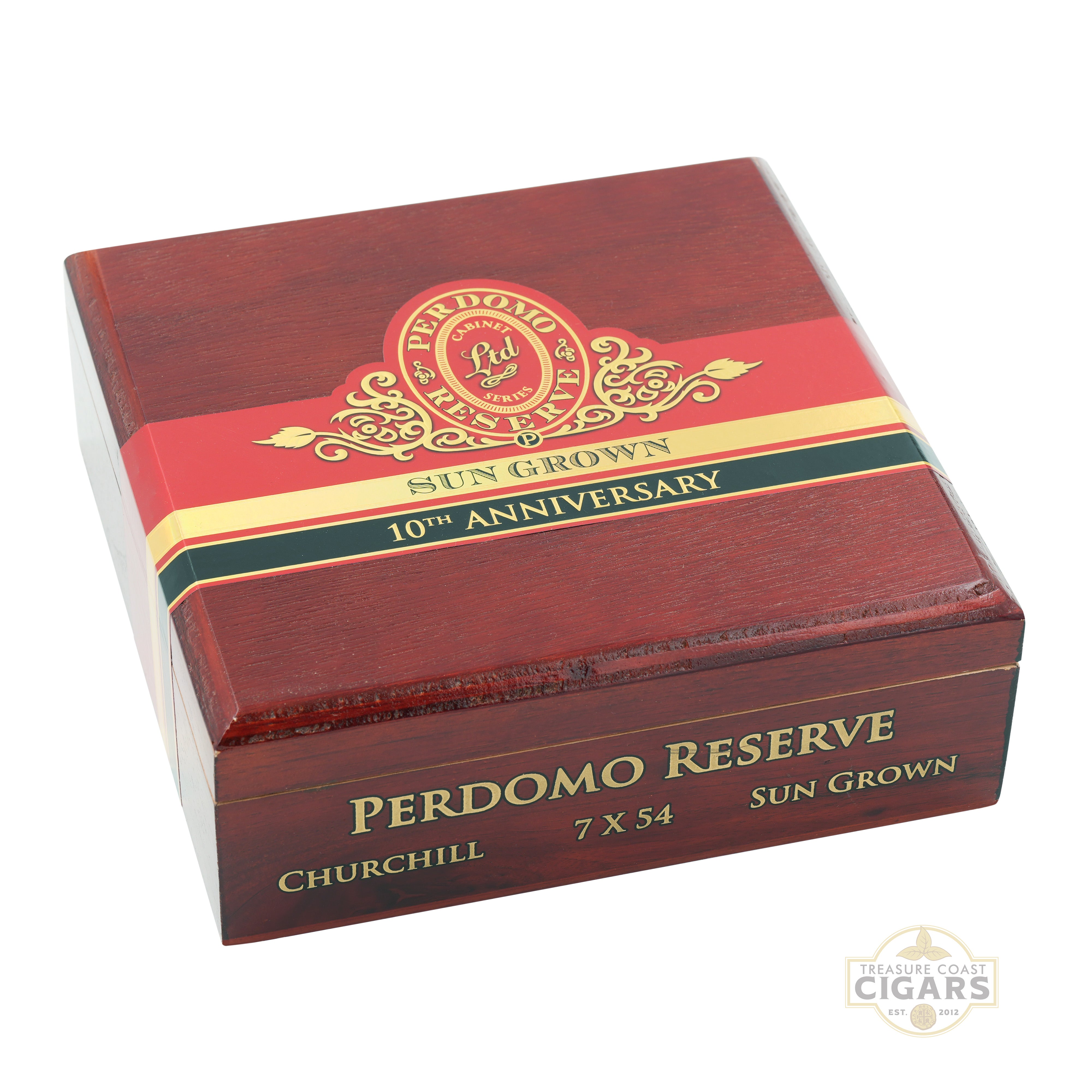 Perdomo Reserve Sun Grown Churchill cigar box with red and gold design on a white background