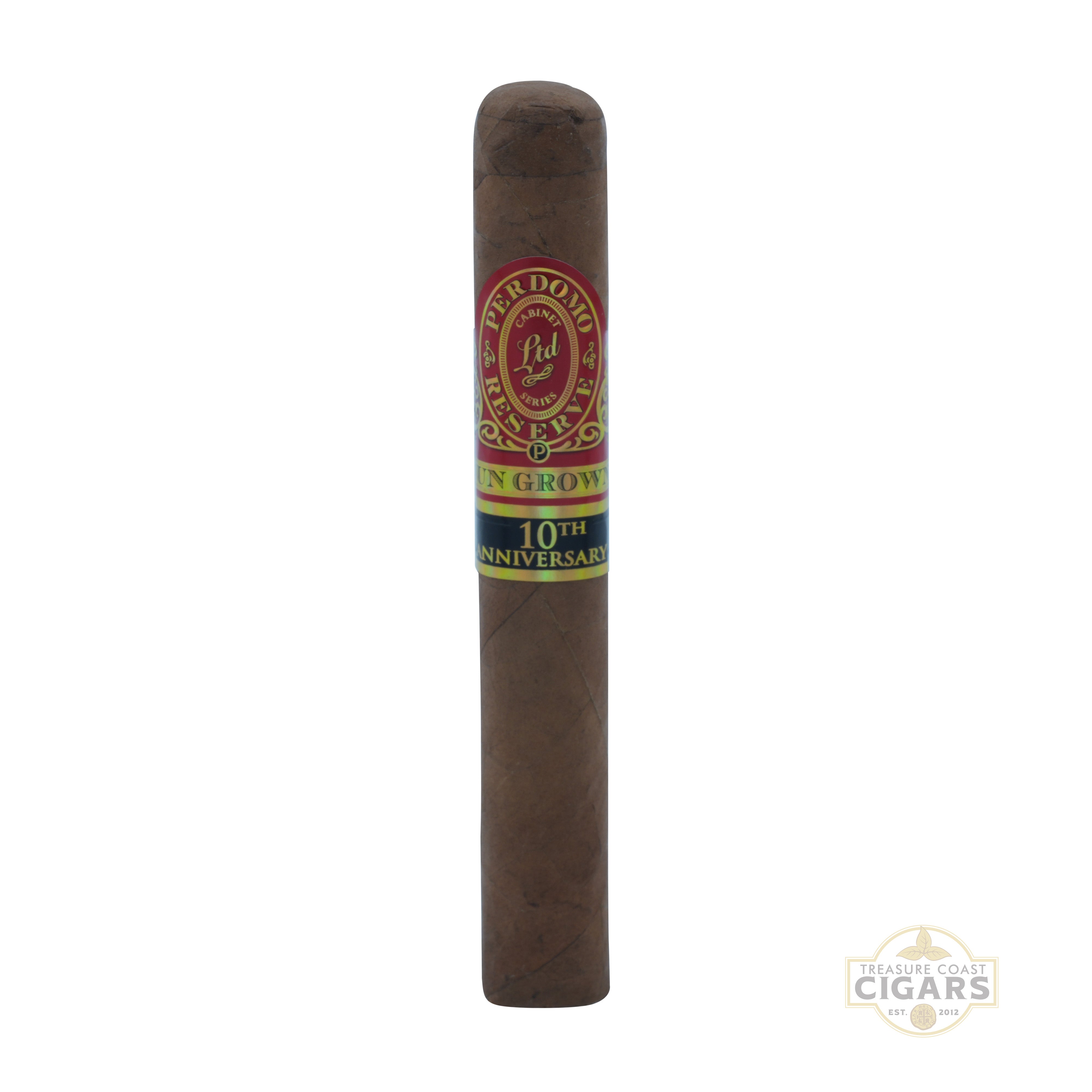 Cigar with a band indicating '10th Anniversary' on a white background