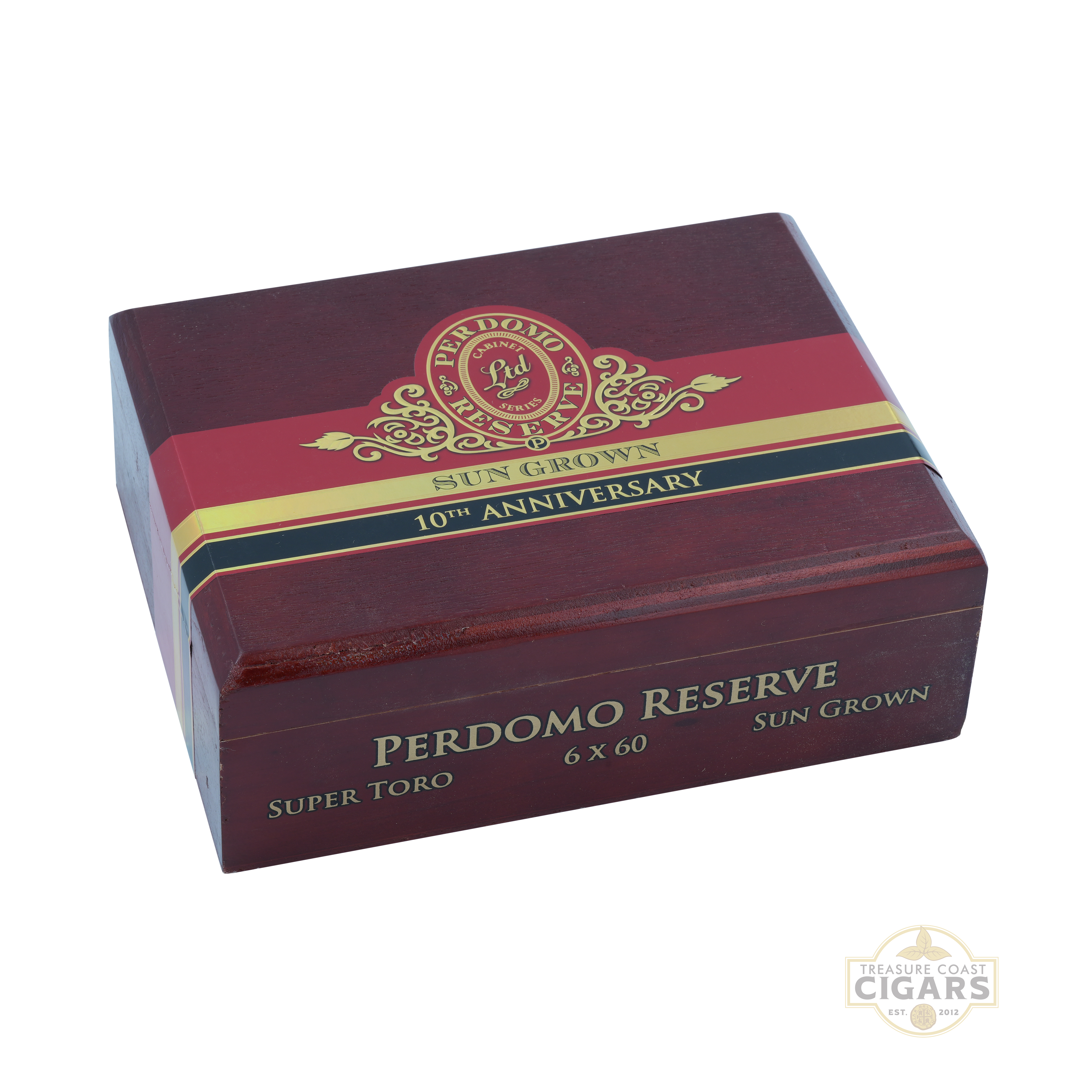 Perdomo Reserve Sun Grown Super Toro cigar box with red and gold design on a white background