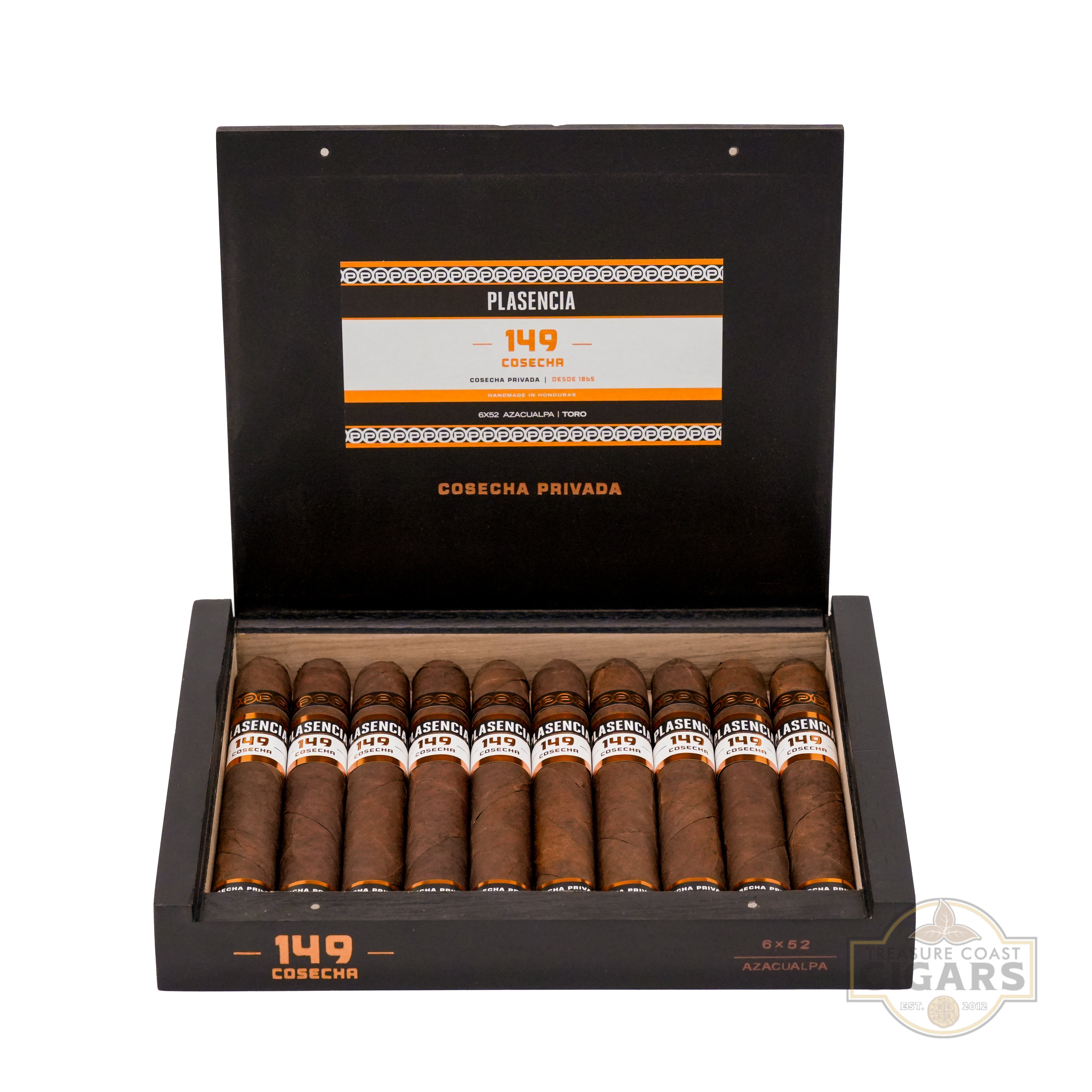 An open cigar box labeled "149 Cosecha Privada" by Plasencia, featuring a sleek black interior with gold and white accents on the lid. The box contains a row of premium cigars, each with a white and gold band, handcrafted  in Honduras, labeled as Toro size (6 x 52). 