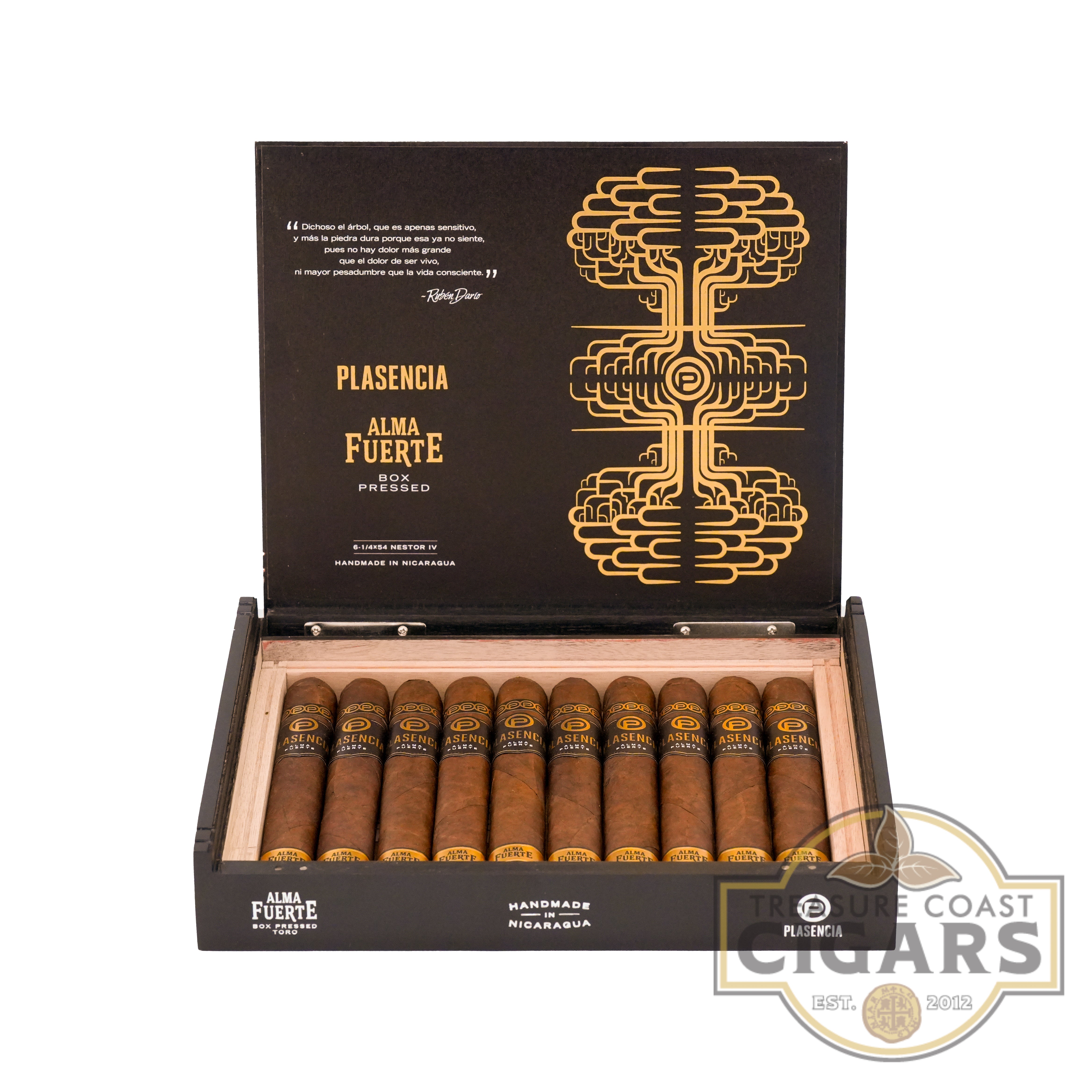 A photograph of an open box of Plasencia Alma Fuerte Nestor IV cigars. The box features a black interior with gold ornate tree like design and the text PLASENCIA ALMA FUERTE in gold lettering. Inside, the box contains neatly arranged cigars with black and gold labels displaying the Plasencia Logo. The exterior of the box is labeled Handmade in Nicaragua.