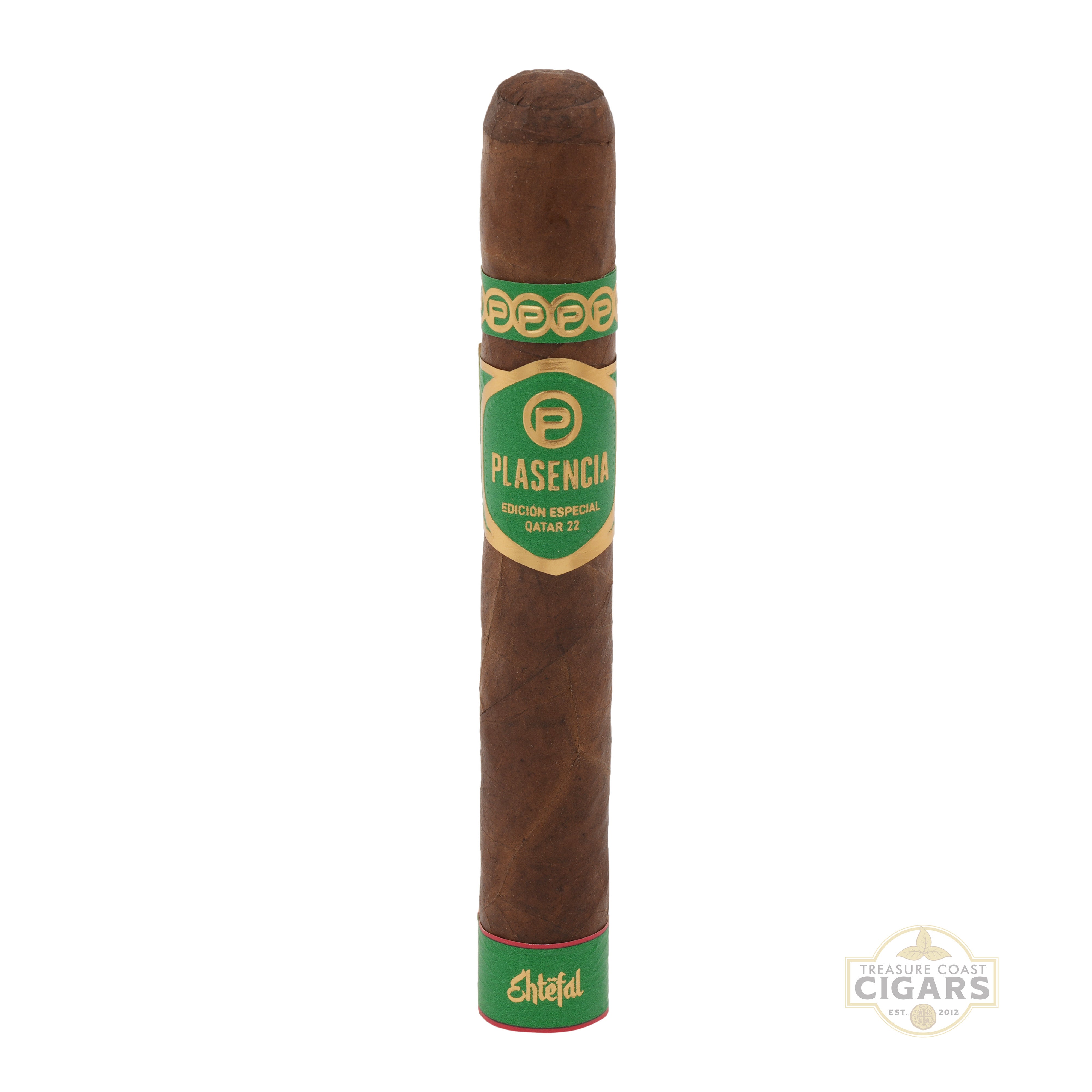 Cigar with green and gold label on a white background