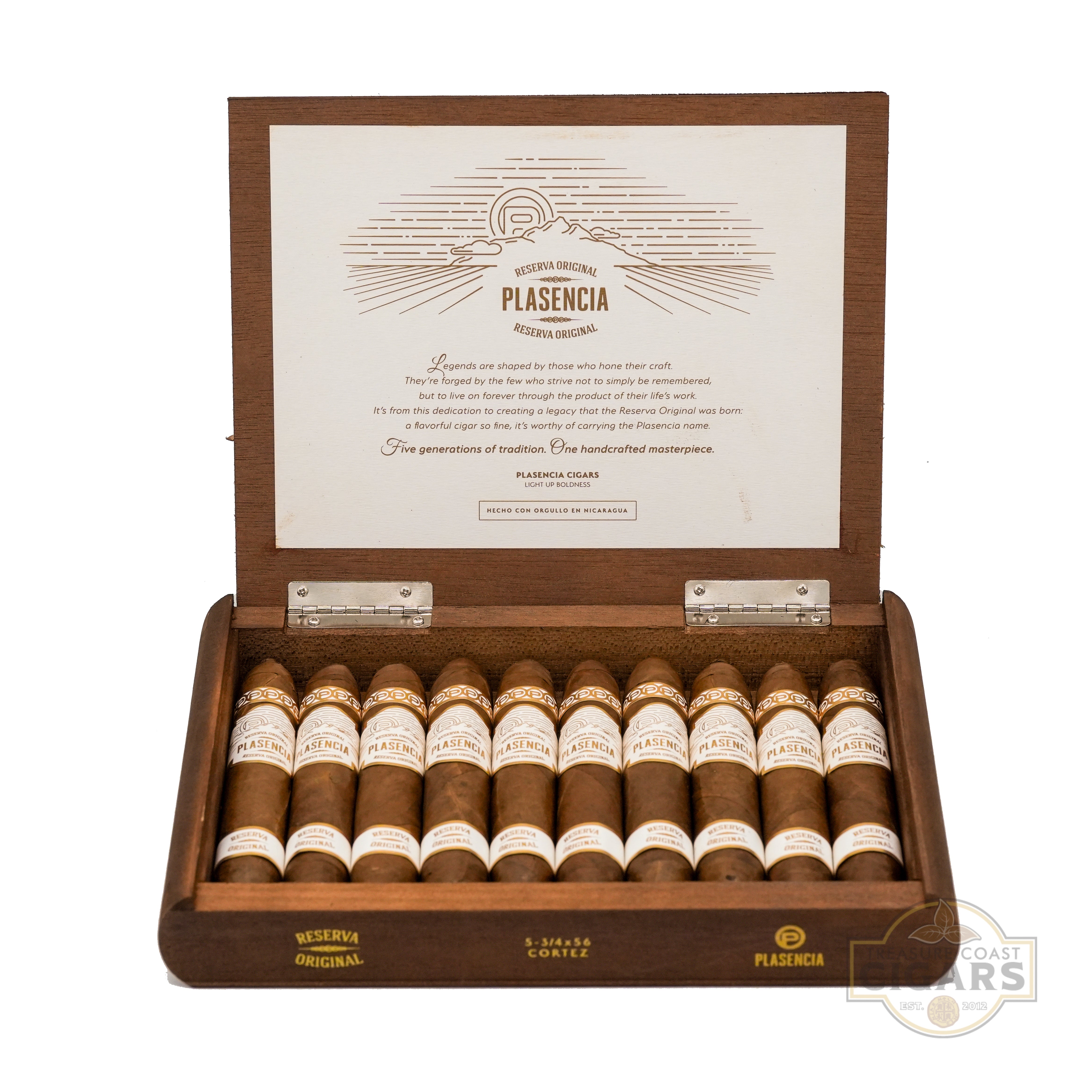 Wooden box of Plasencia cigars with a white label on a white background