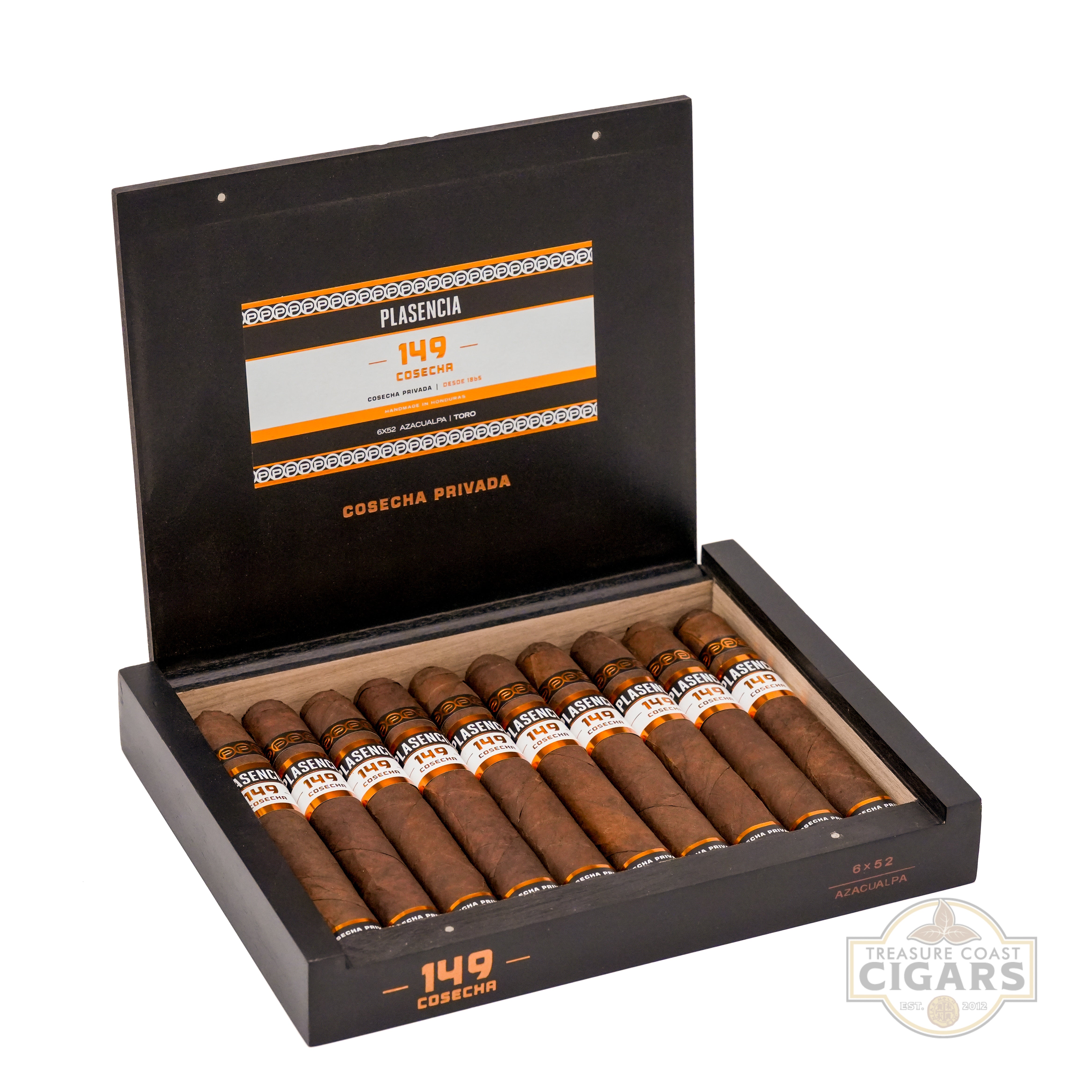 Open box of cigars with visible branding on a white background