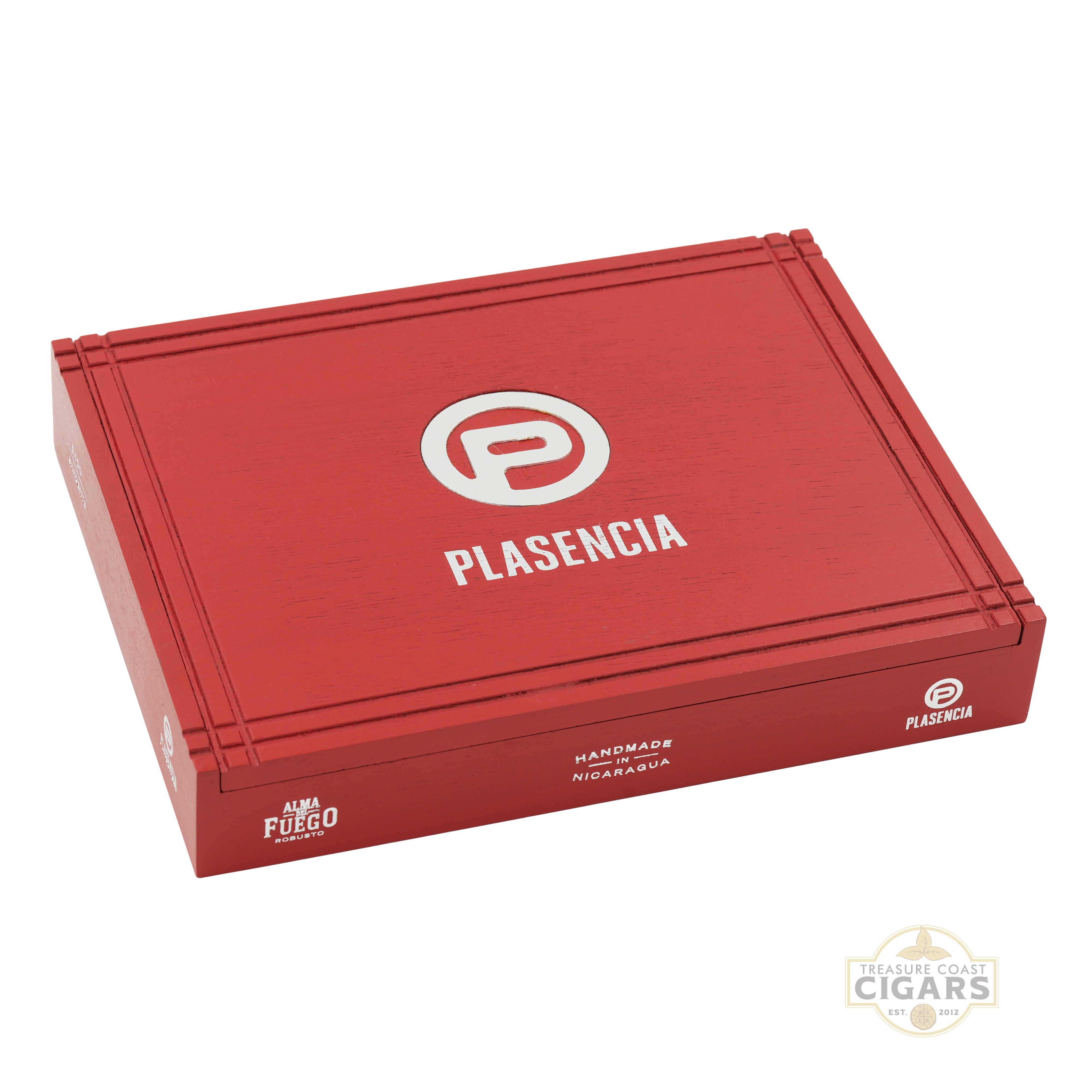 Red Plasencia Alma Del Fuego cigar box on a white background