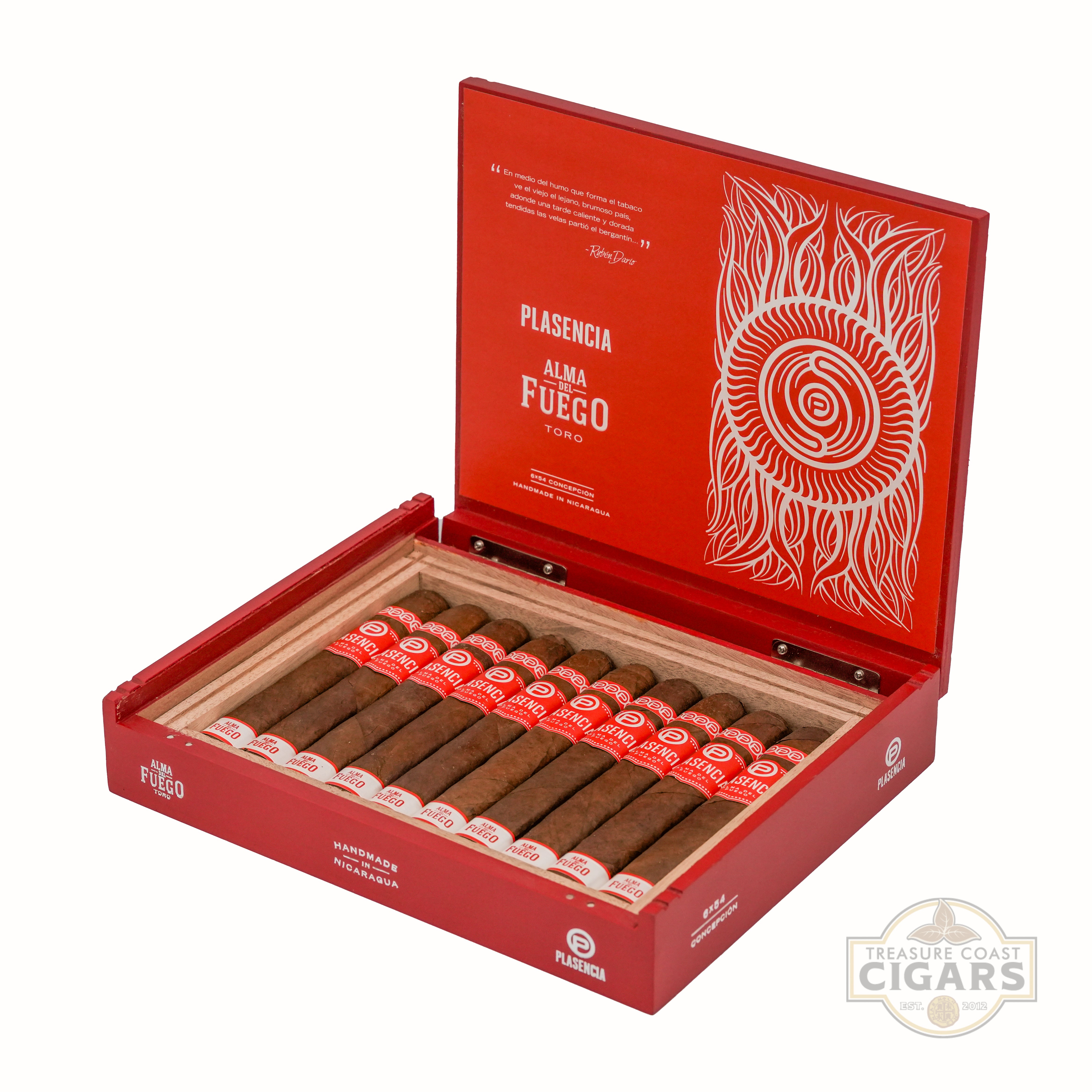 Open box of Plasencia cigars with a red lid featuring intricate design on a white background.