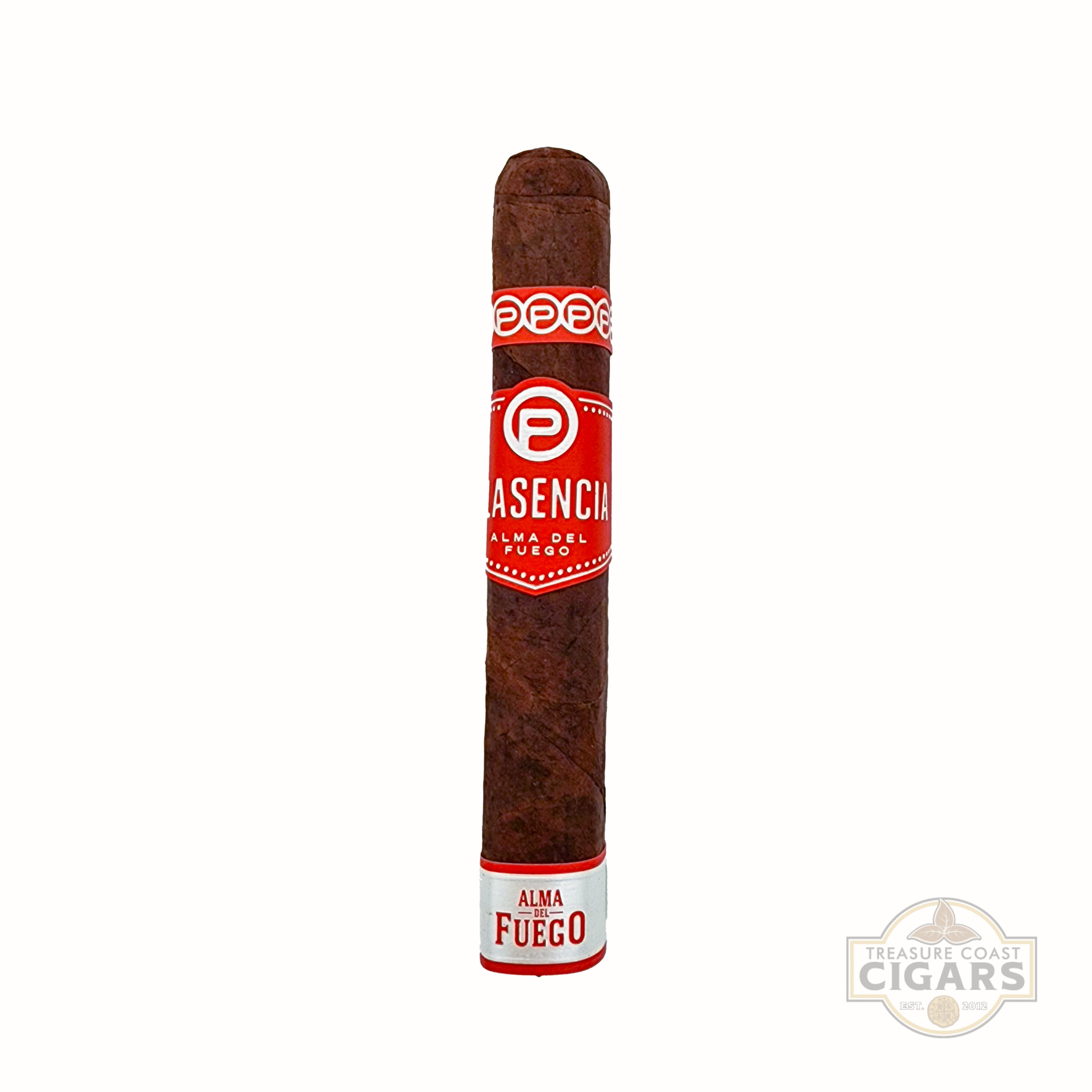 Cigar with a red and white label on a white background