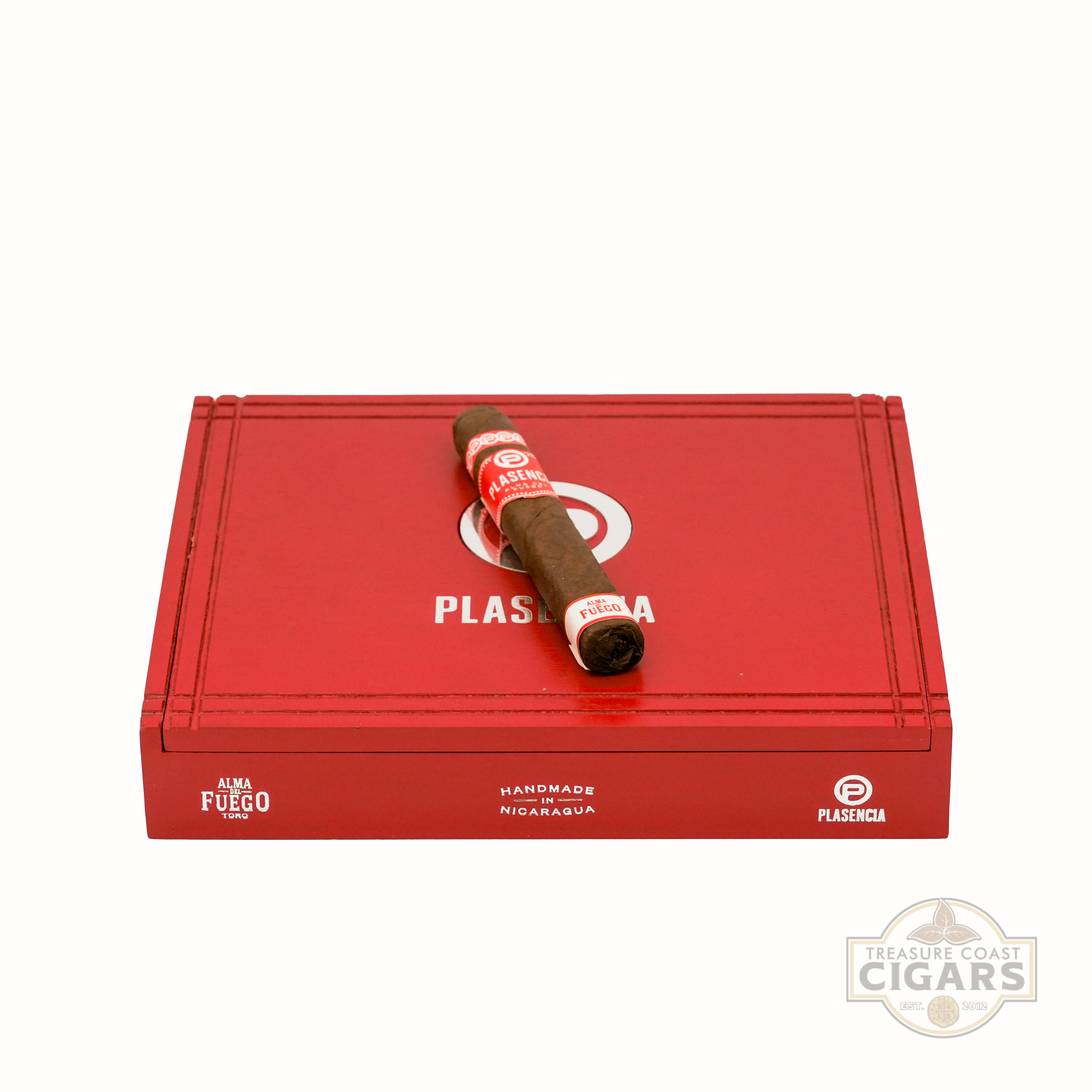 Red Plasencia cigar box with a single cigar on a white background