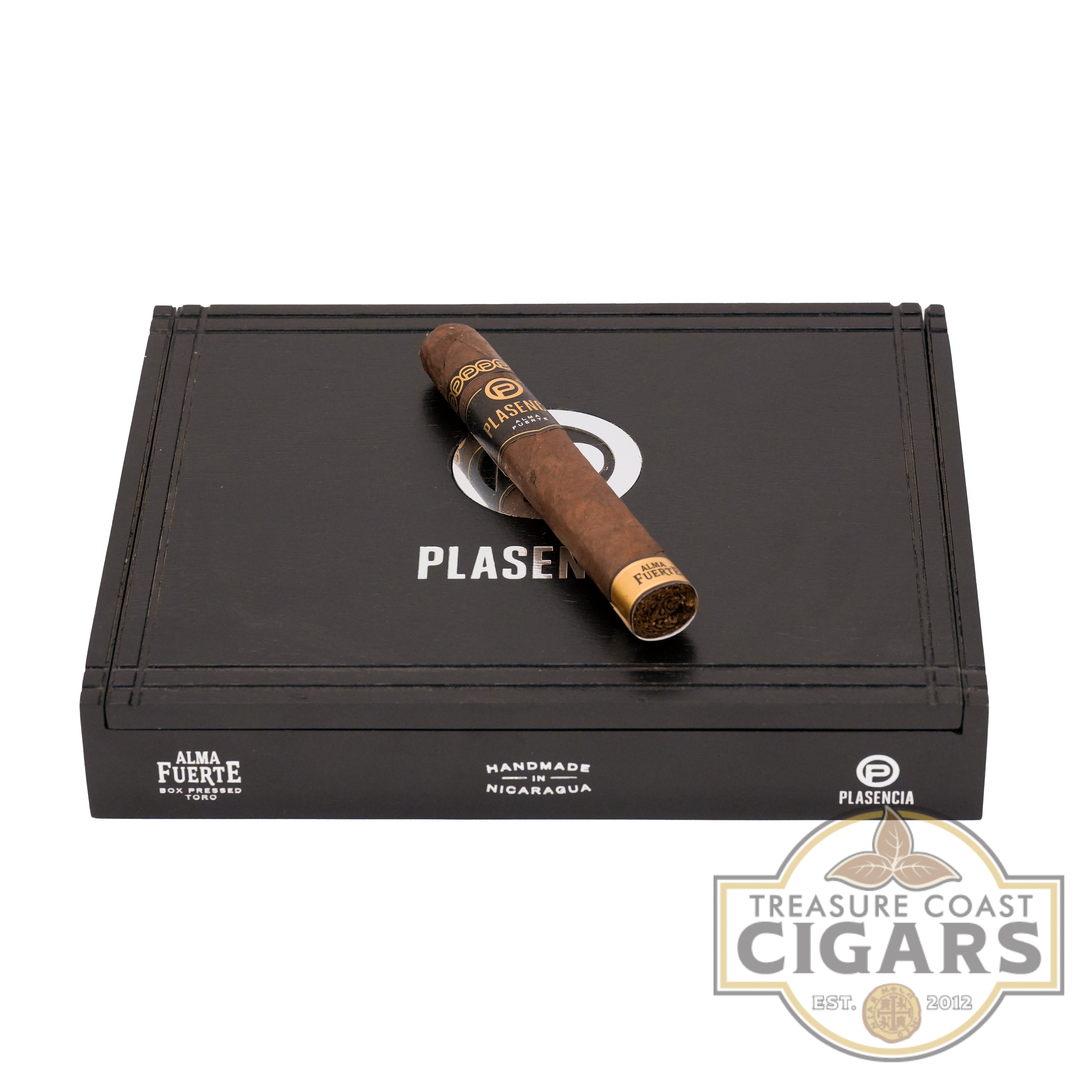 Cigar on a black box with Plasencia branding and Treasure Coast Cigars logo.