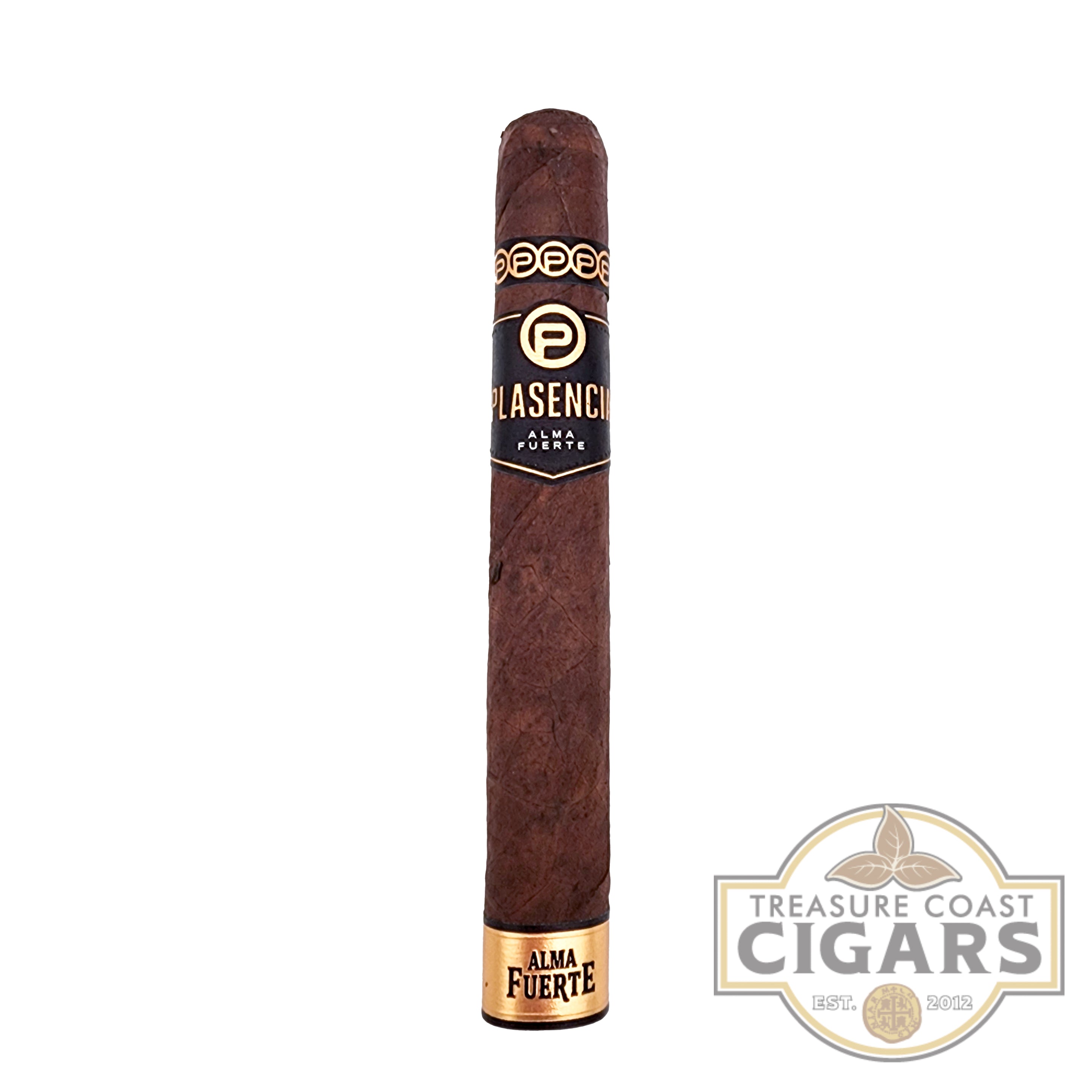 Cigar with Plasencia logo on a white background, featuring Treasure Coast Cigars branding.